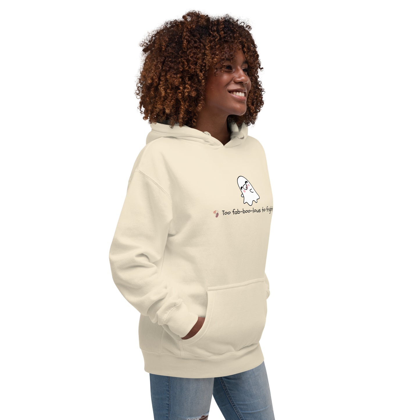 Image 52 of Sky Blue Boo Luxe Hoodie - Left Placement, size M, with Fa Boo Lous artwork visible in front view, right-side angle.