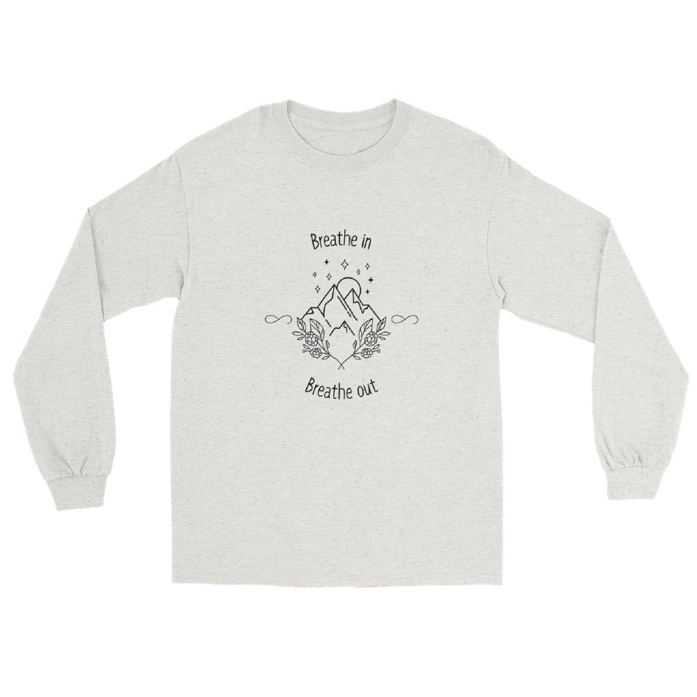 Exhale Men's Long Sleeve Shirt - Left Placement by R.A. Apparel, image 9, front view, Navy, size M, left placement.