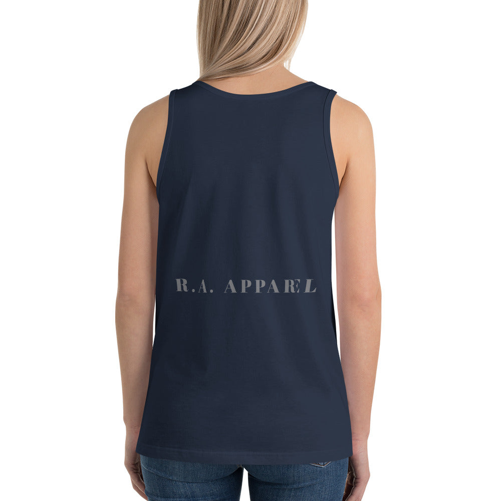 Heirloom Men's Tank Top - Left Placement image 8: Navy version, size M with back view of the Legacy range.