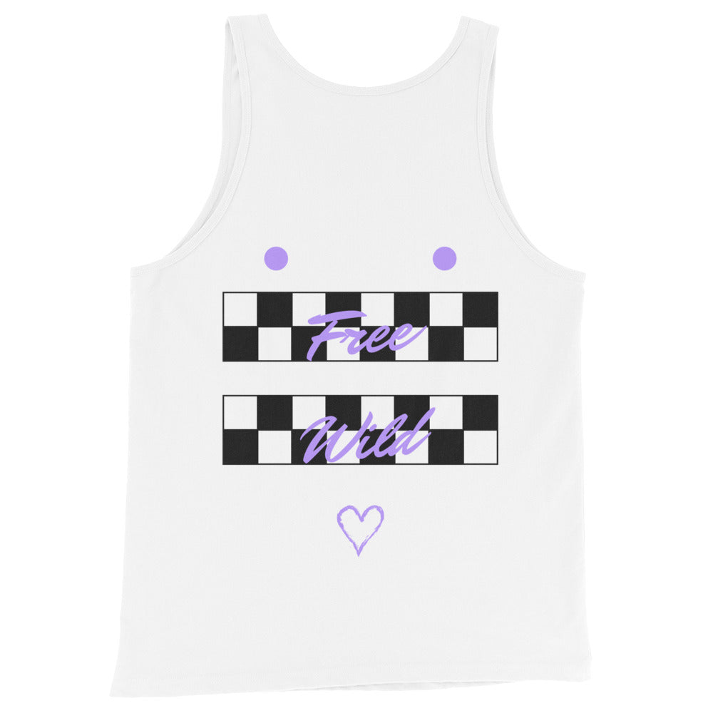 Image 8 of Navy Freeborne Men's Tank Top - Left Placement, size M, with Free Spirits artwork visible in back view.