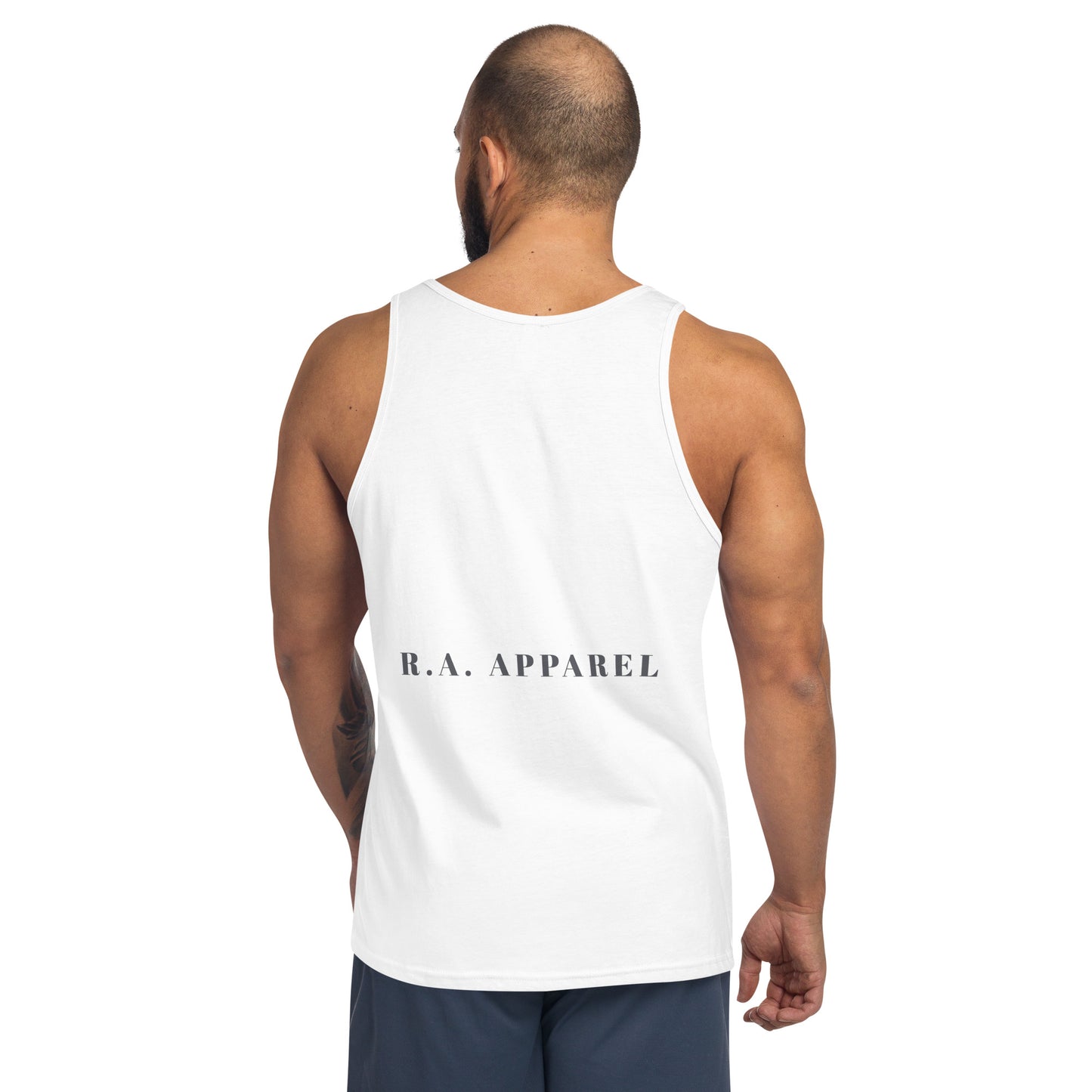 Image 10 of Red Wild Call Men's Tank Top - Left Placement 38, size L, with Rawr artwork visible in back view.