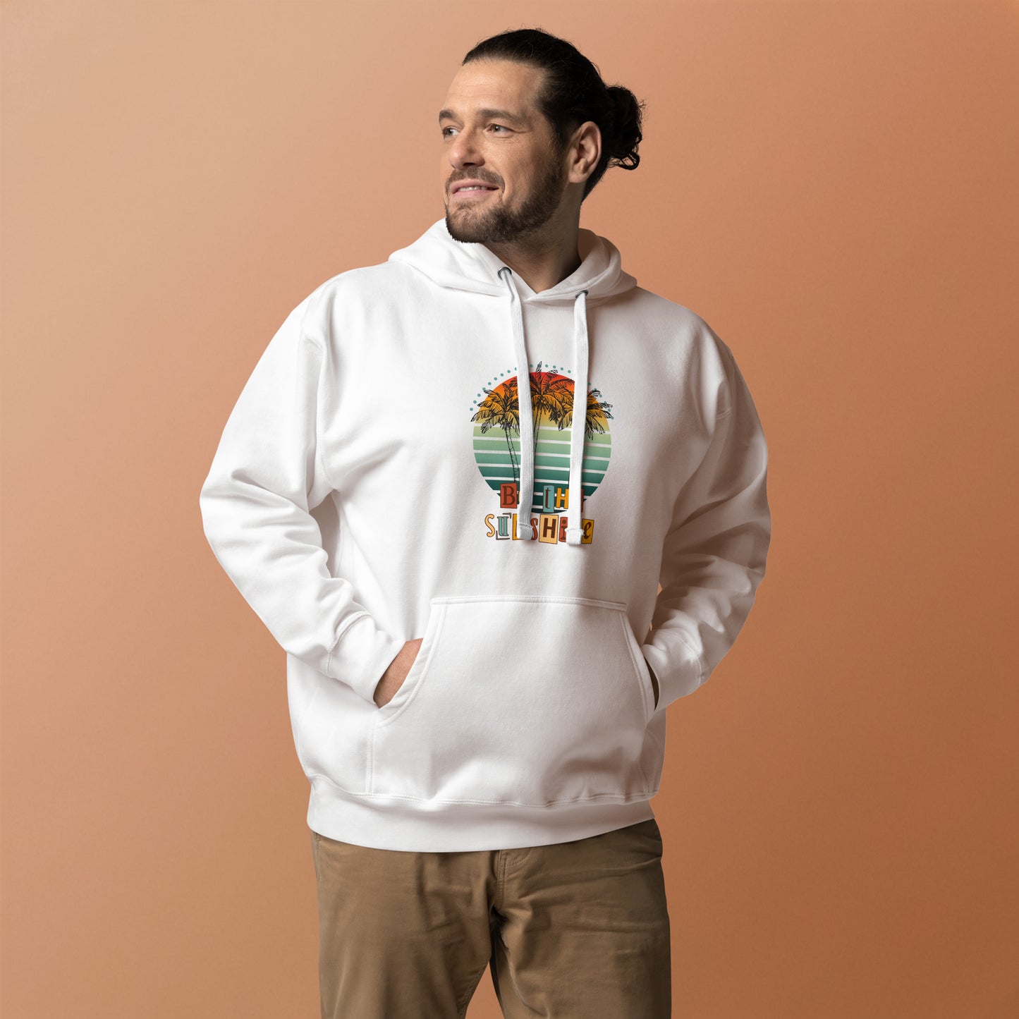 Solara Hoodie image 60 in Latte, size 2XL, showing front view for the Be the Sunshine design.