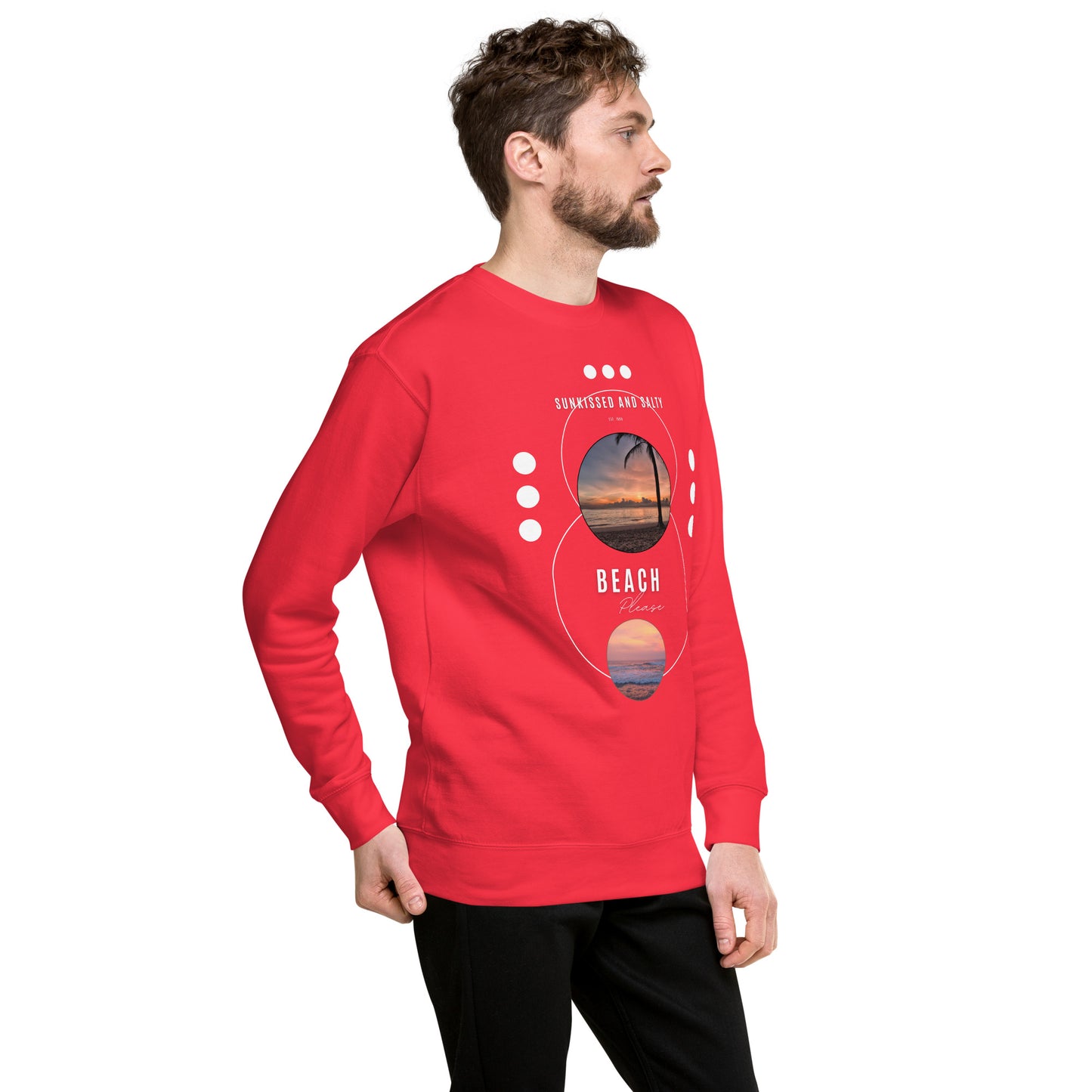 Image 66 of White Coastline Attitude Sweatshirt - Left Placement, size 3XL, with Beach Please artwork visible in front view, right-side angle.