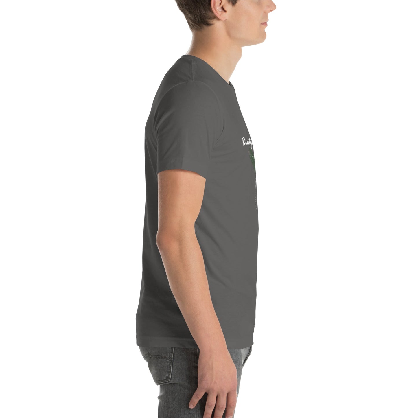 Image 15 of Oxblood Black Bellevie T-Shirt - Left Placement, size S, with Beautiful Life artwork visible in right-side angle.