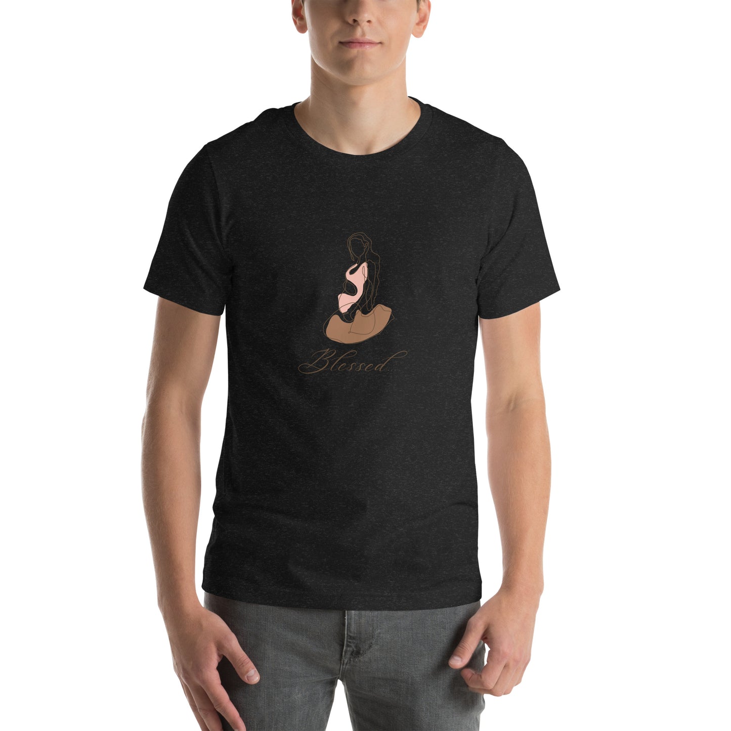 Grace Mark T-Shirt - Left Placement image 1: Black Heather version, size S with front view of the Blessed range.