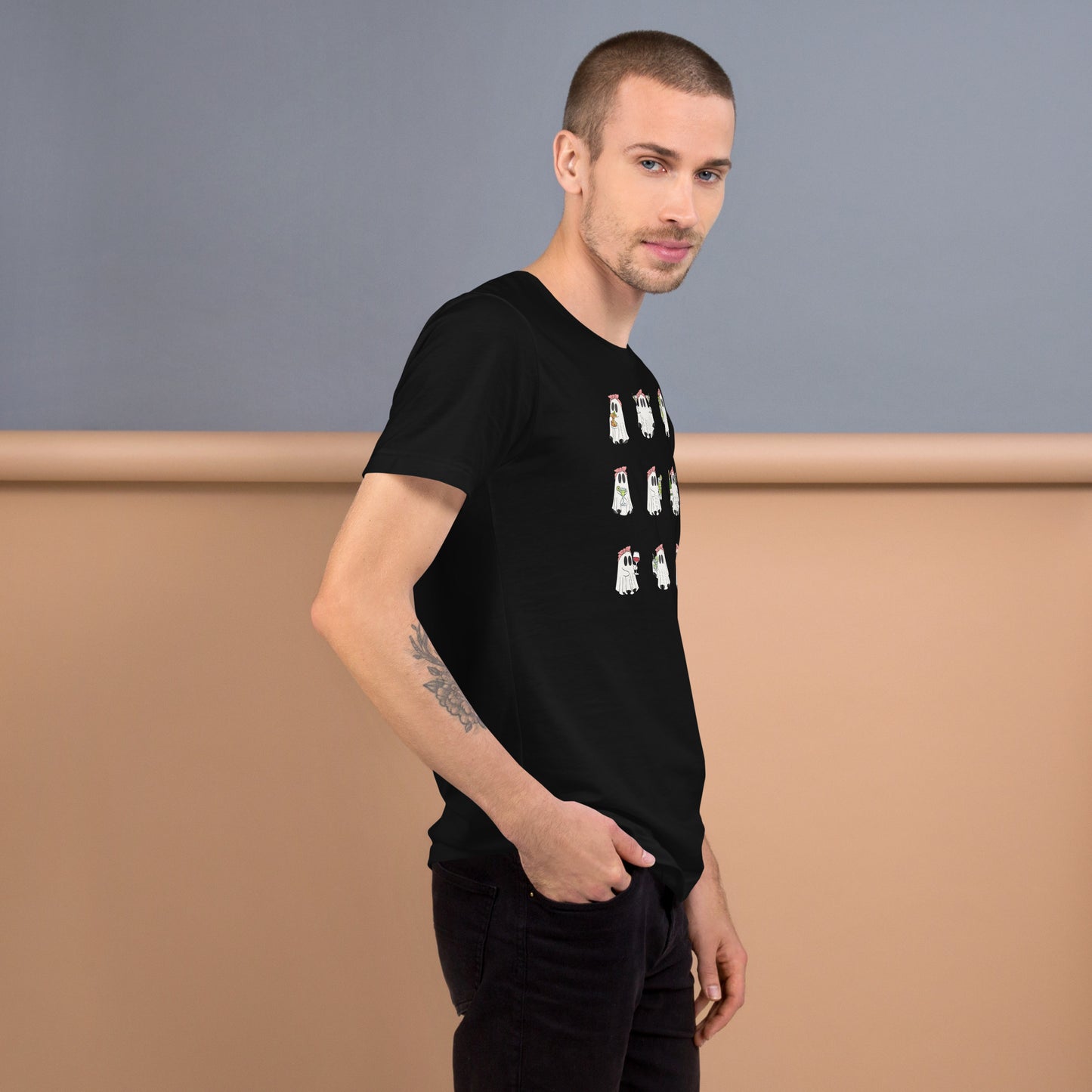 Image 16 of Navy Little Haunts T-Shirt - Left Placement, size XS, with Ghosties 1 artwork visible in right-side angle.