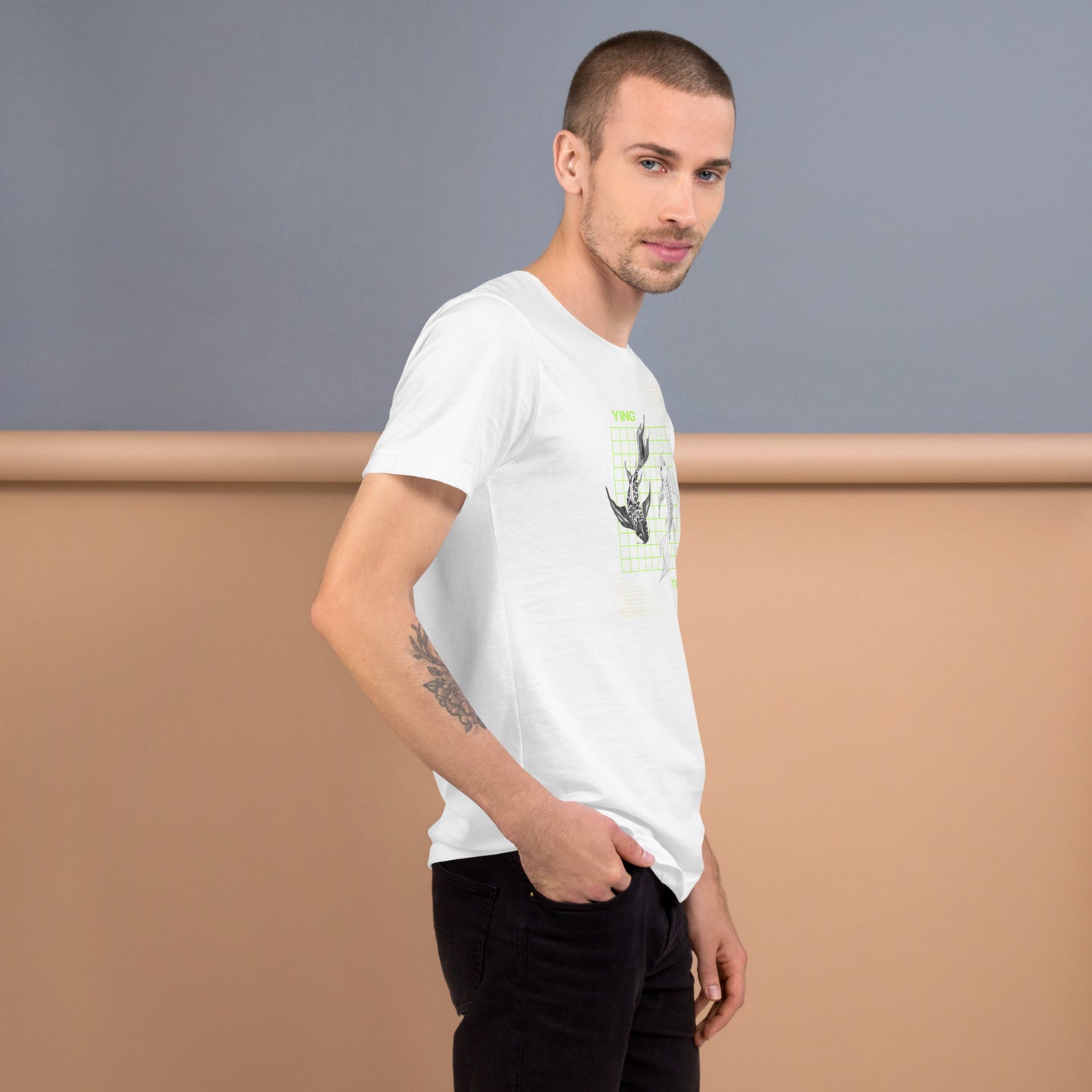 Equinoxe T-Shirt by R.A. Apparel, image 80, right-side angle, Heather Yellow Gold, size 2XL, design placement.