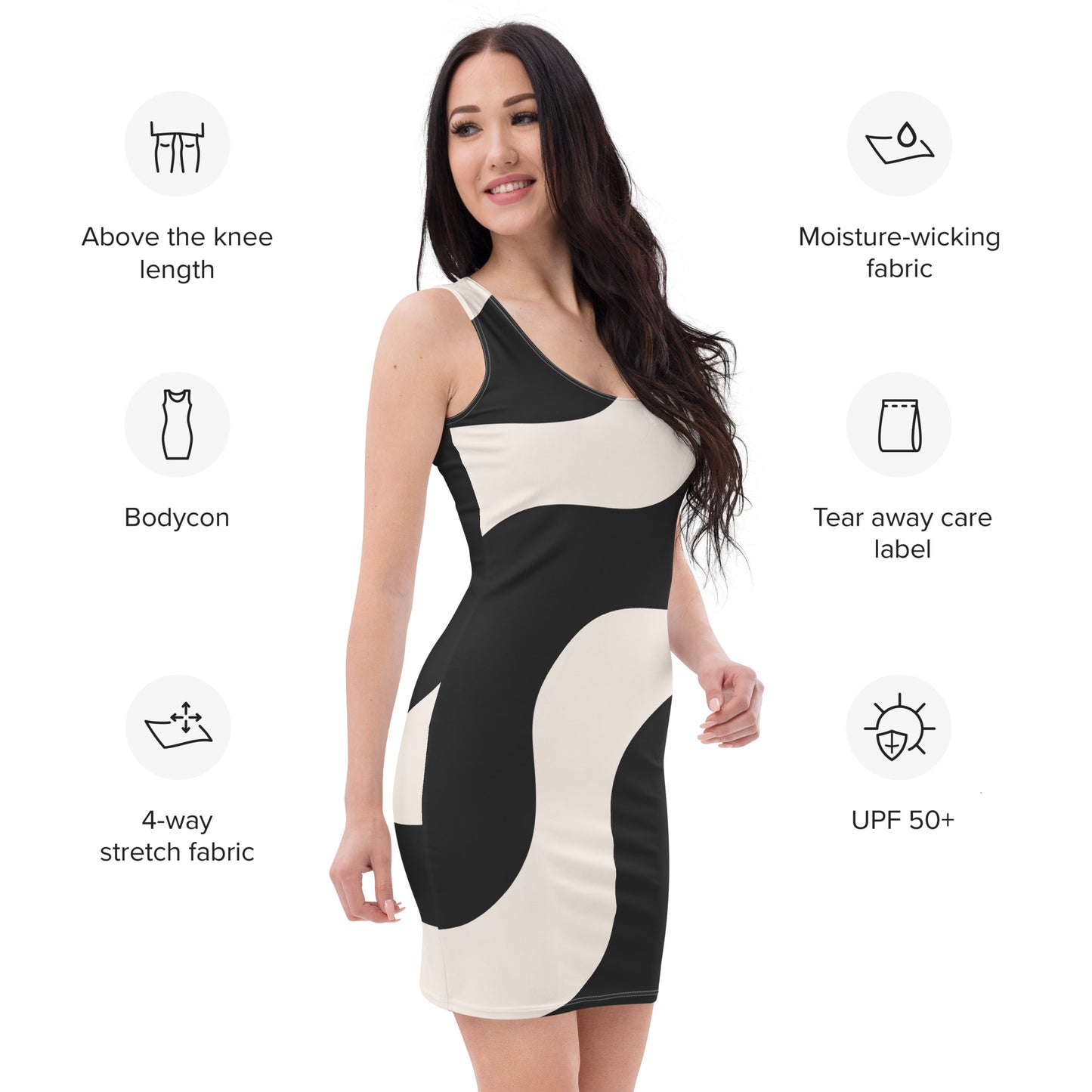 Eclipse Bodycon Dress - Left Placement by R.A. Apparel, image 1, front view, selected colour, size XS, left placement.