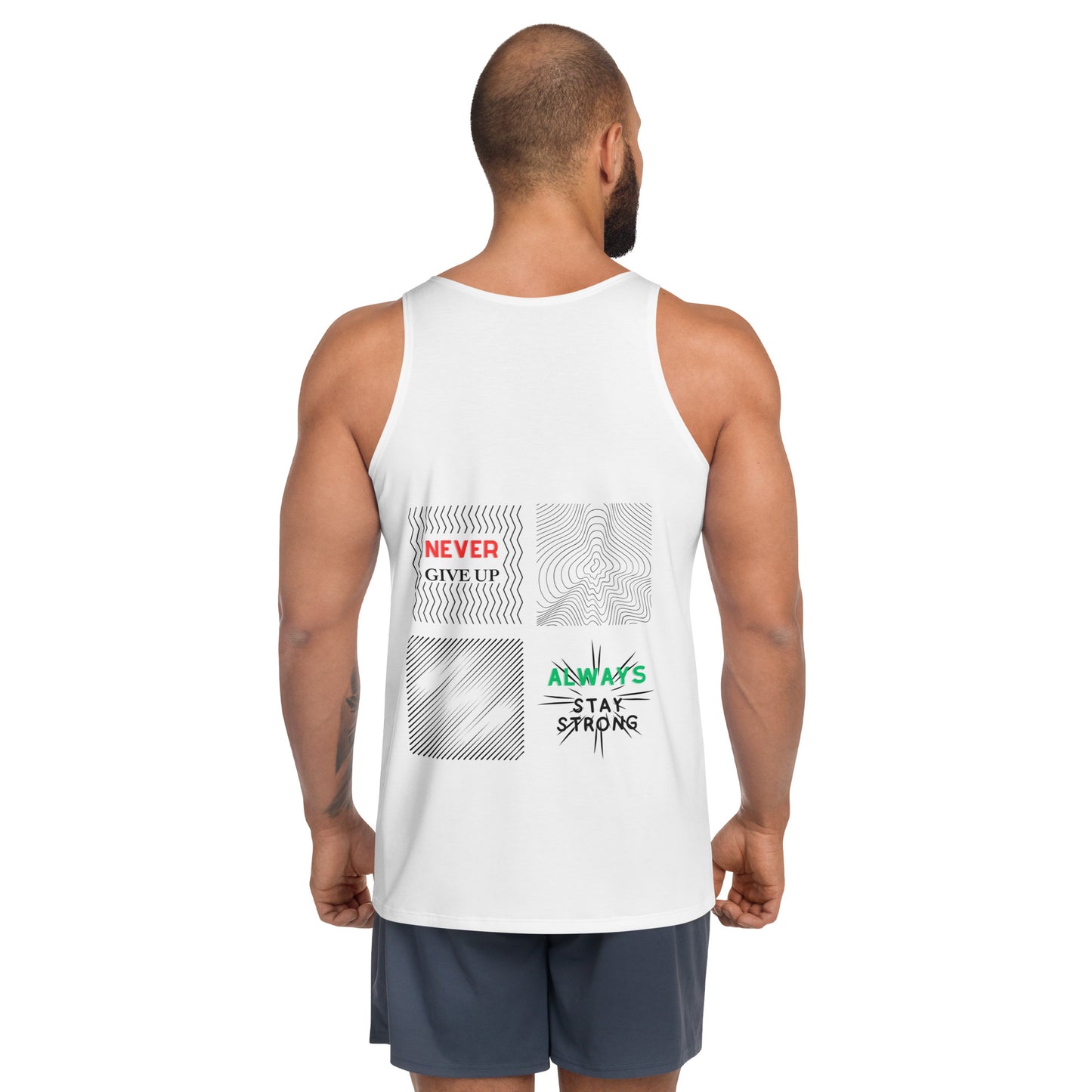 Image 2 of selected colour Unbroken Tank Top - Left Placement, size S, with Never Give Up artwork visible in back view.