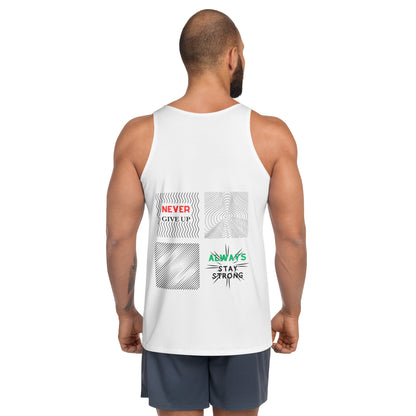 Image 2 of selected colour Unbroken Tank Top - Left Placement, size S, with Never Give Up artwork visible in back view.