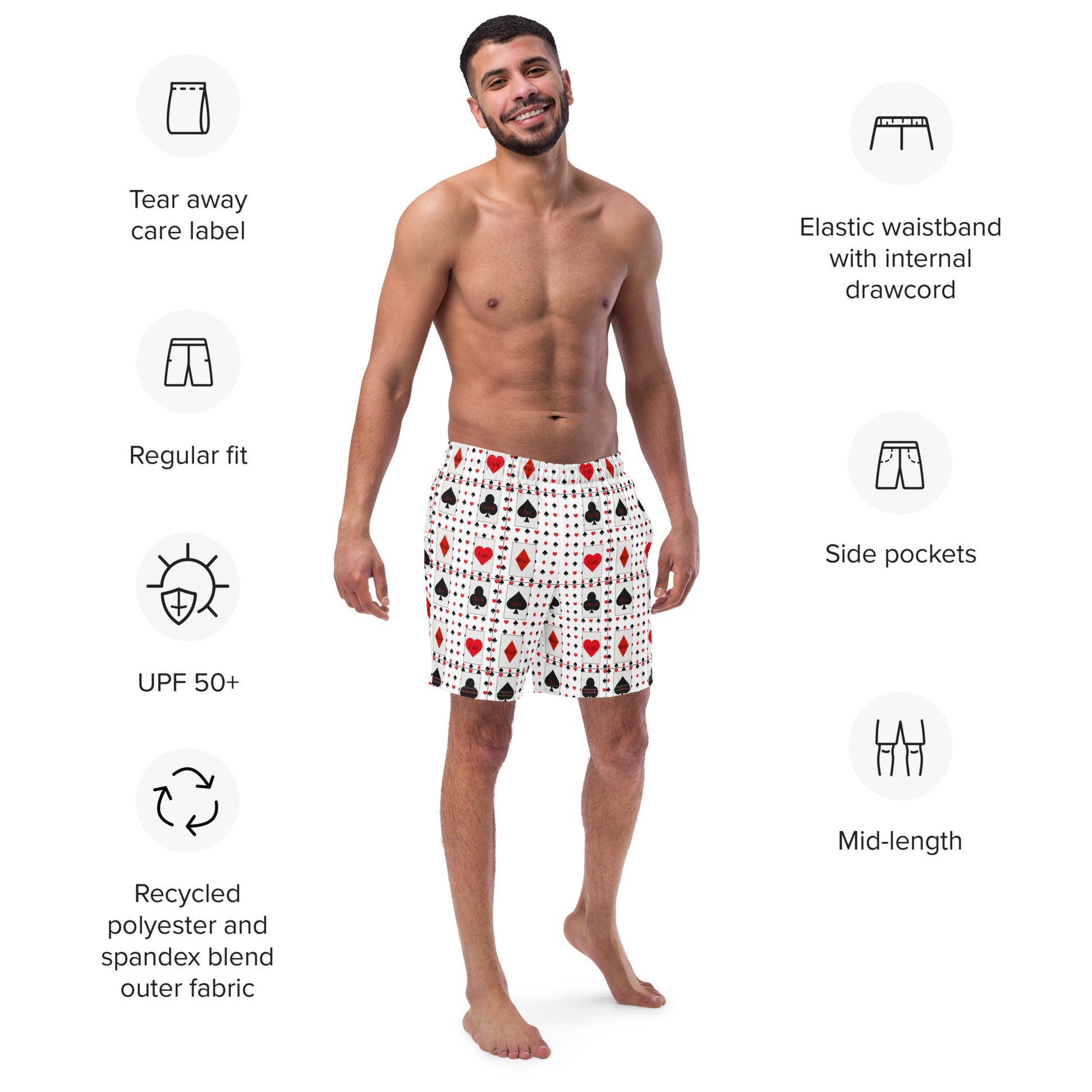 High Stakes Swim Trunks - Left Placement by R.A. Apparel, image 1, front view, 2XS, left placement.