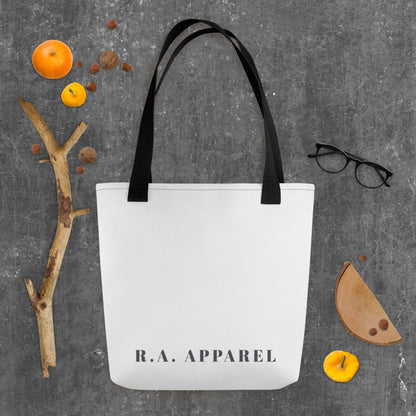 Image 1 of Black Soft Authority Tote Bag - Left Placement, with Quiet Luxury artwork visible in front view.