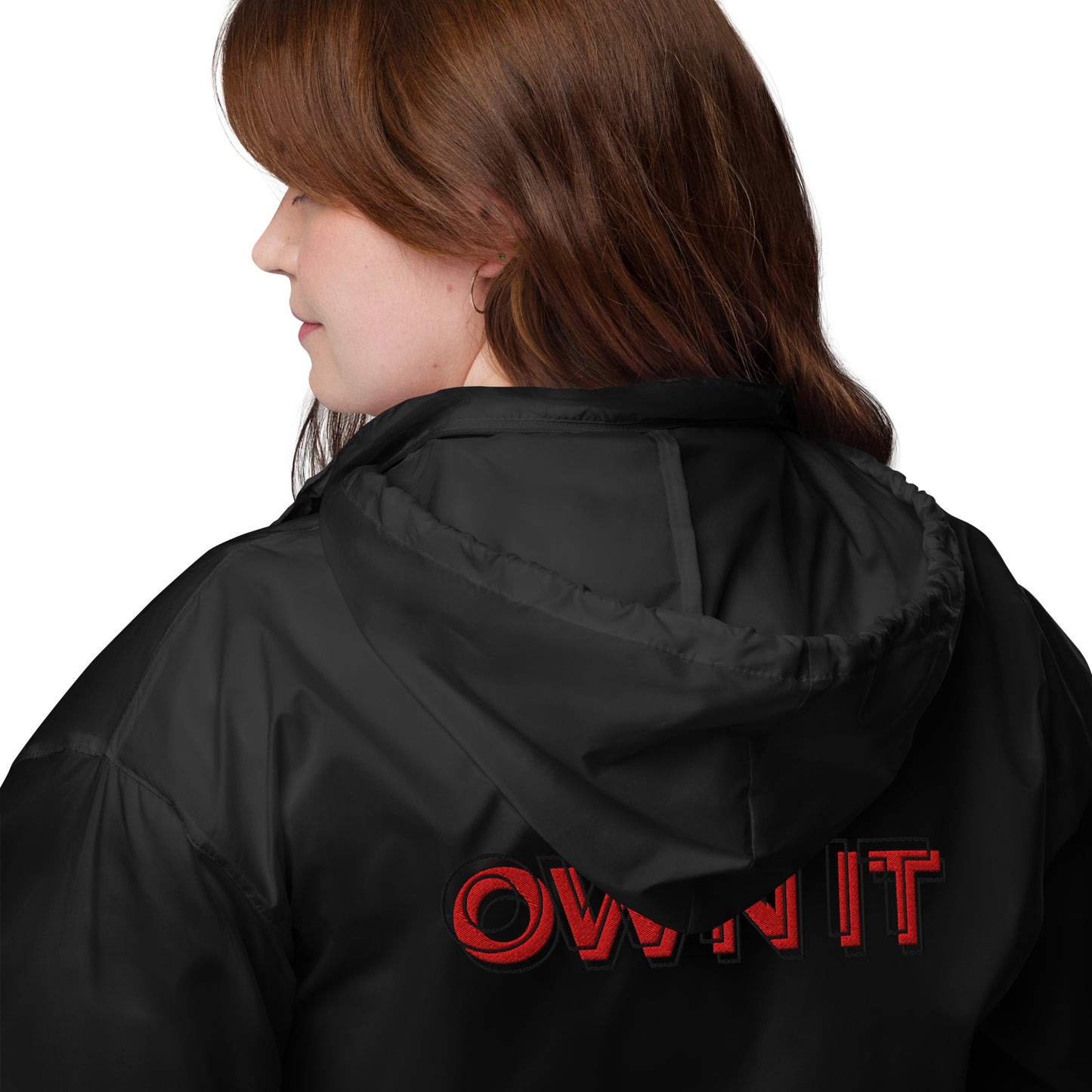 Image 4 of Black Own Signal Windbreaker - Left Placement, size XL, with Own It artwork visible in back view.
