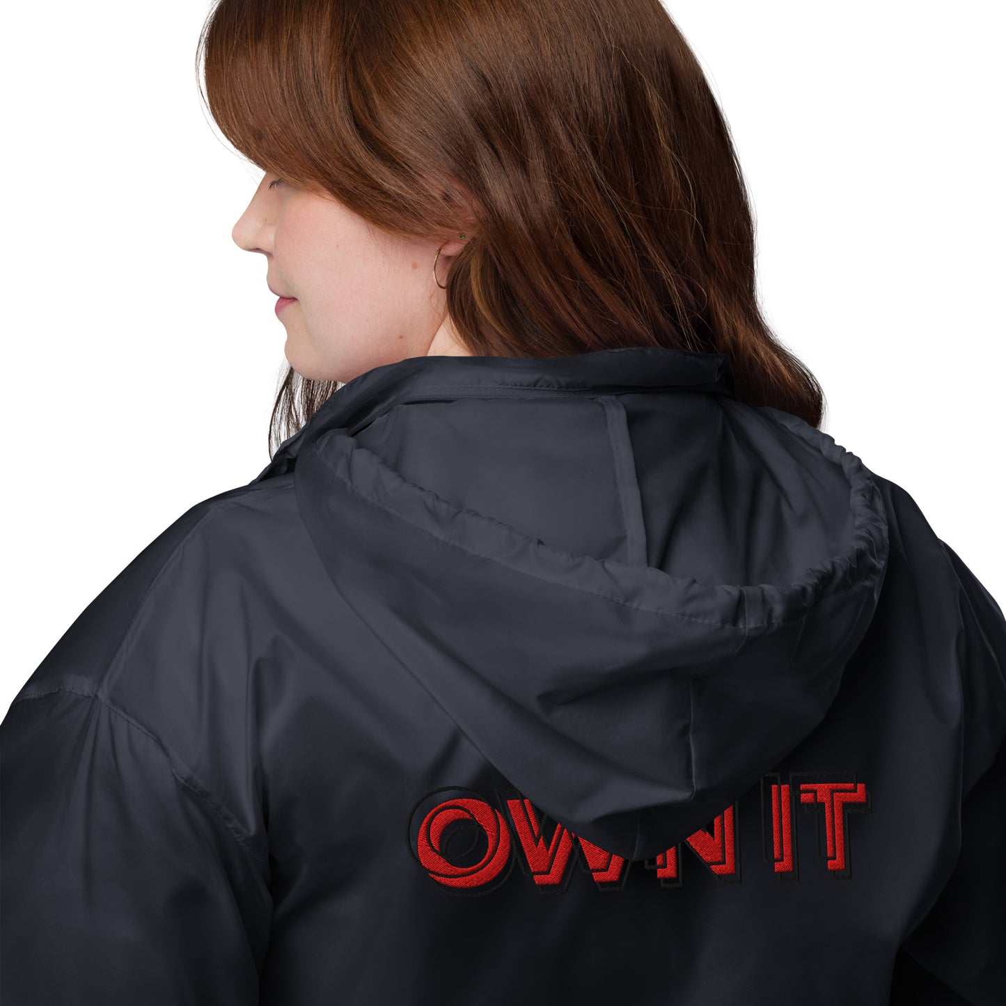Image 14 of Forest Green Own Signal Windbreaker - Left Placement, size XL, with Own It artwork visible in back view.