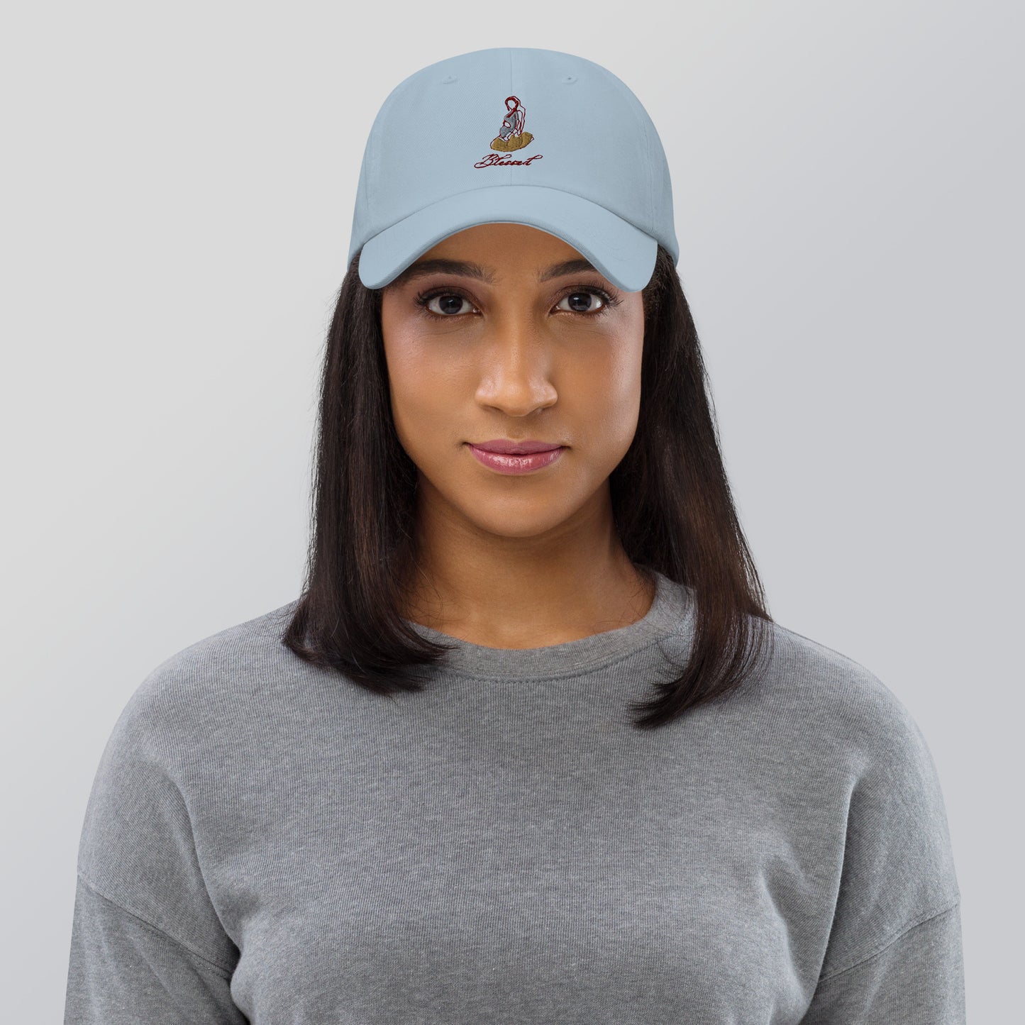 Image 10 of Light Blue Grace Mark Cap - Left Placement, with Blessed artwork visible in front view.