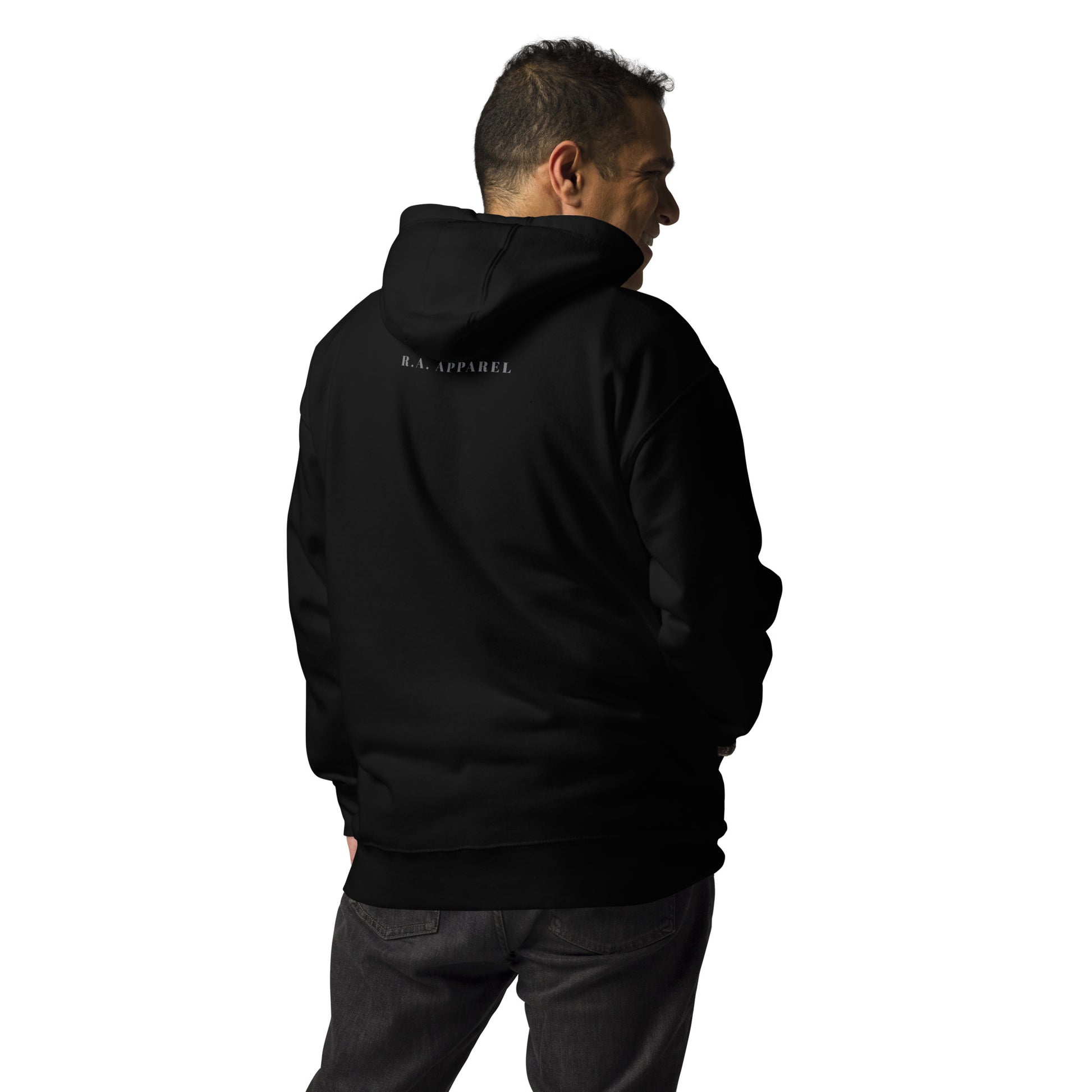 Image 4 of Black Saiko Hoodie - Left Placement, size XL, with Saiko artwork visible in back view.