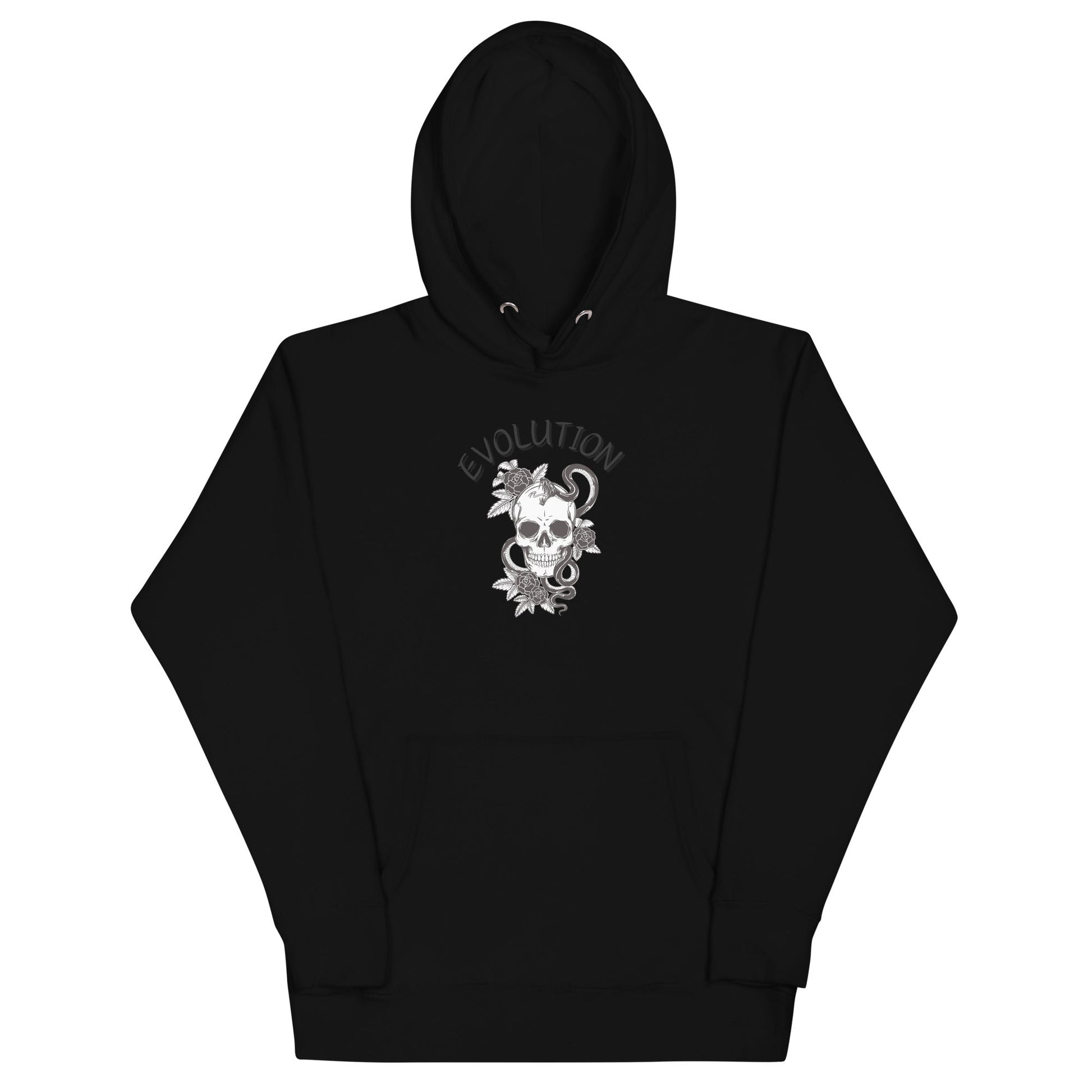 Evolution Hoodie - Left Placement image 2: Black version, size M with front view of the Evolution range.