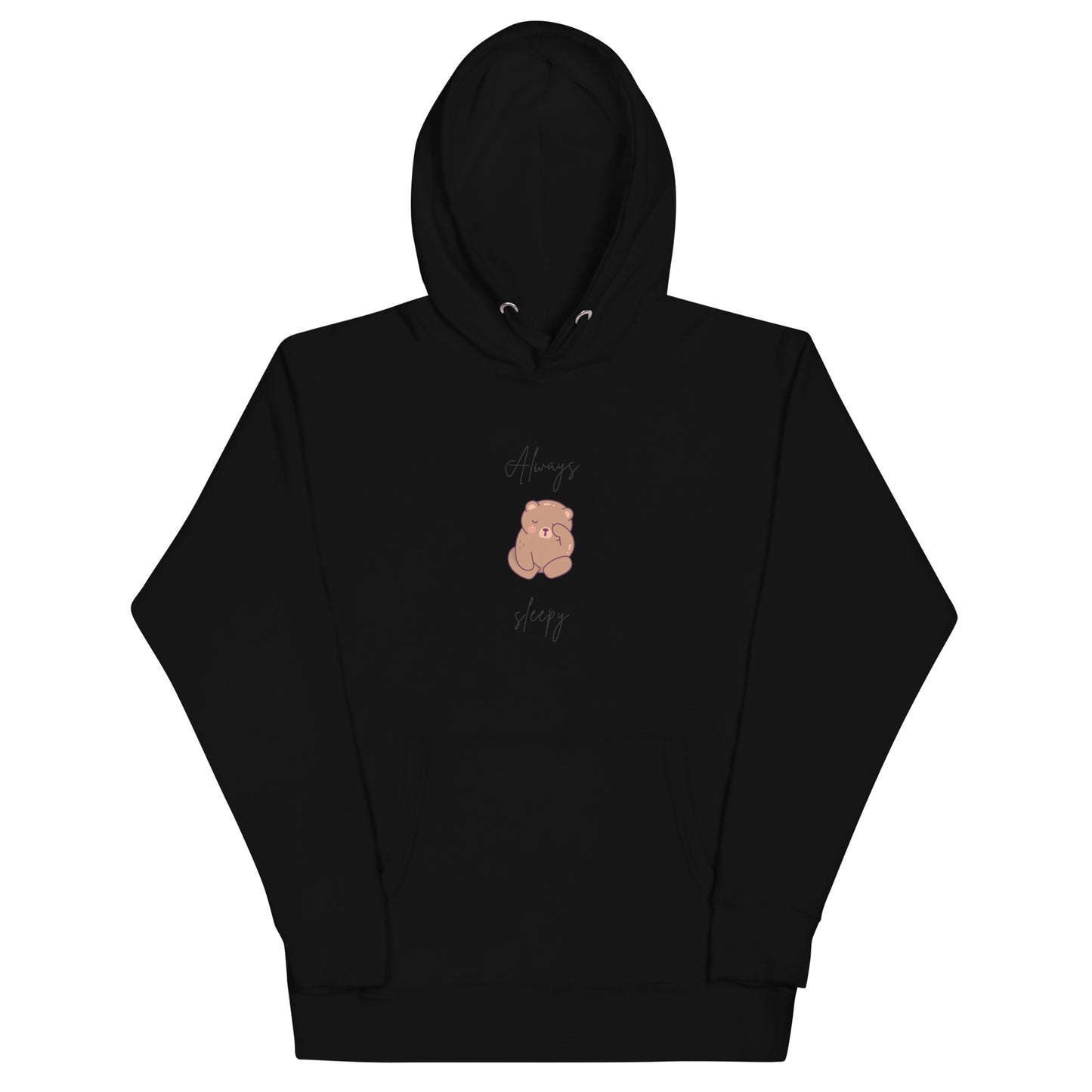 Nightcall Hoodie - Left Placement image 1: Black version, size S with front view of the Always Sleepy range.