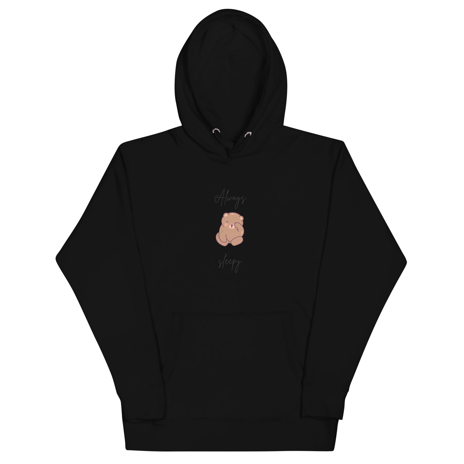 Nightcall Hoodie - Left Placement image 1: Black version, size S with front view of the Always Sleepy range.