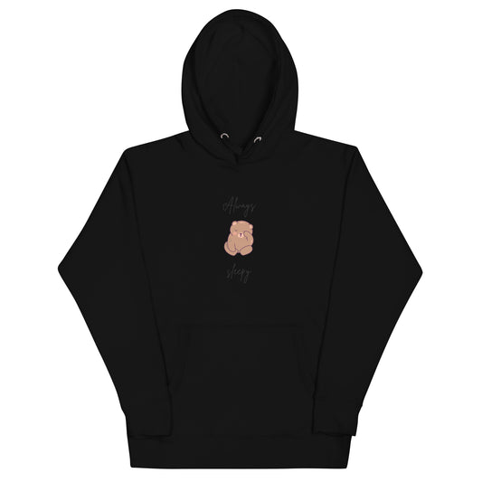 Nightcall Hoodie - Left Placement image 1: Black version, size S with front view of the Always Sleepy range.