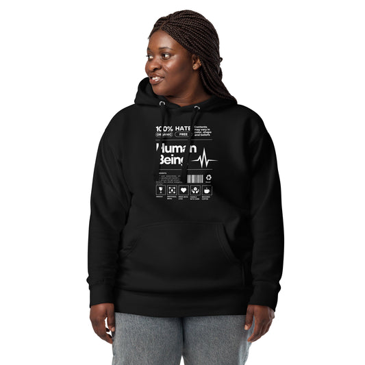 Human Form Hoodie - Left Placement image 1 in Black, size S, showing front view for the Human Being design.