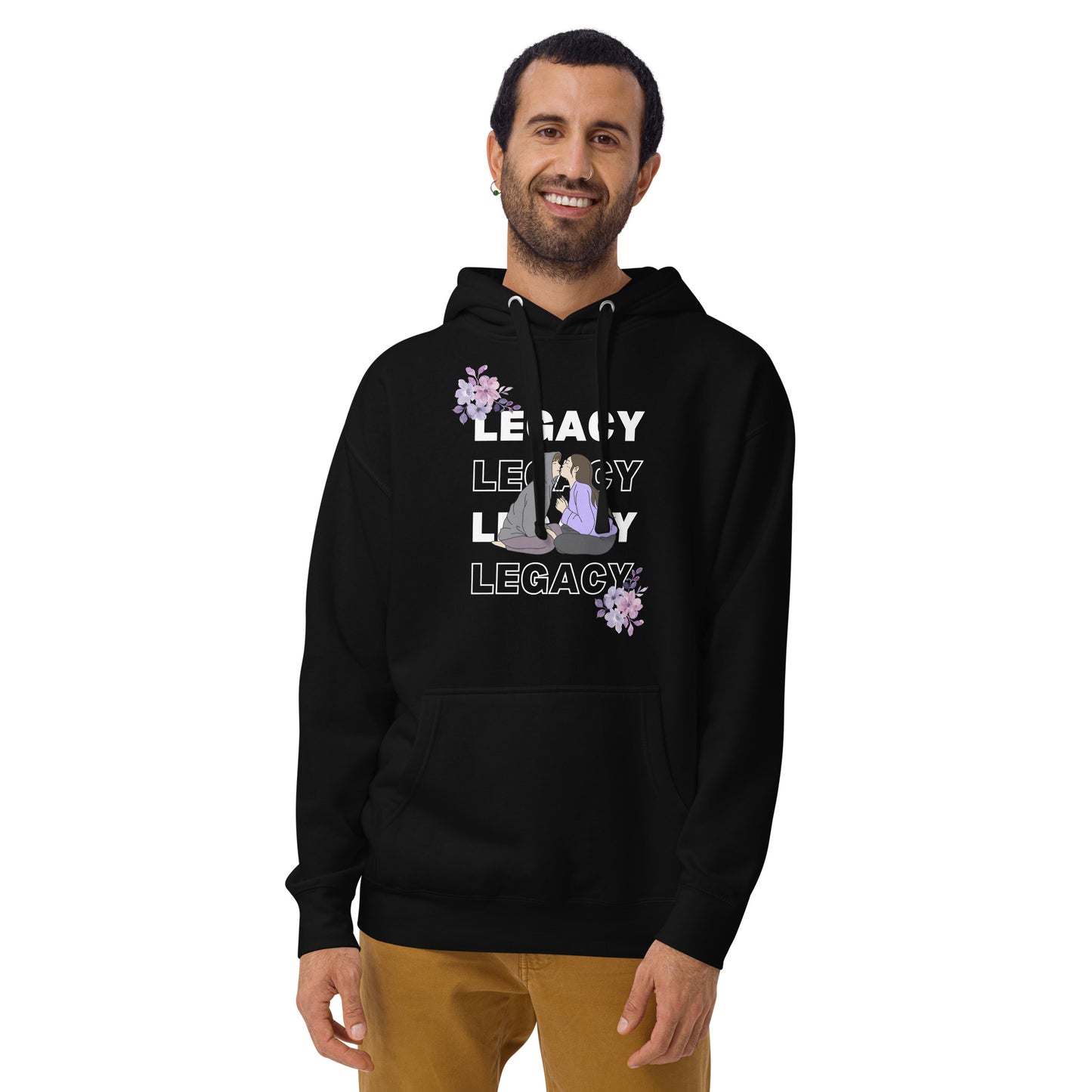Heirloom Hoodie - Left Placement image 4: Black version, size XL with front view of the Legacy range.