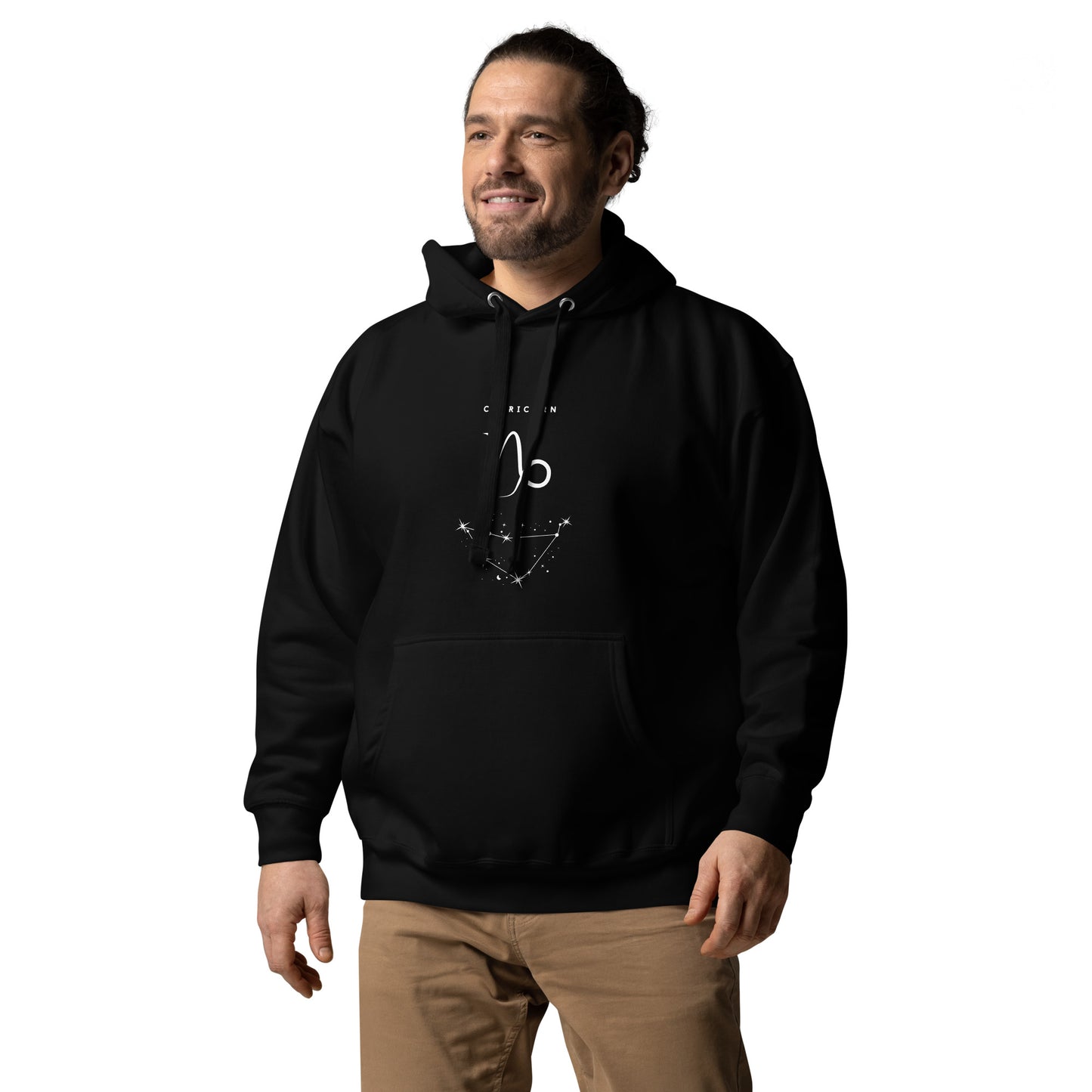 Montaire Hoodie image 2 in Black, size M, showing front view, left-side angle for the Capricorn design.