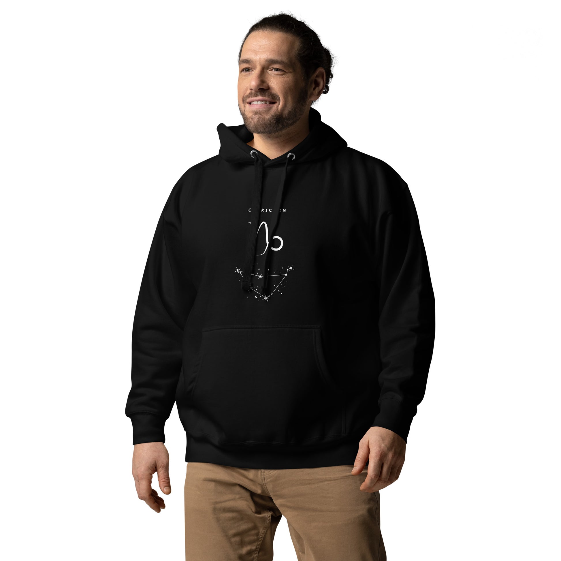 Montaire Hoodie image 2 in Black, size M, showing front view, left-side angle for the Capricorn design.
