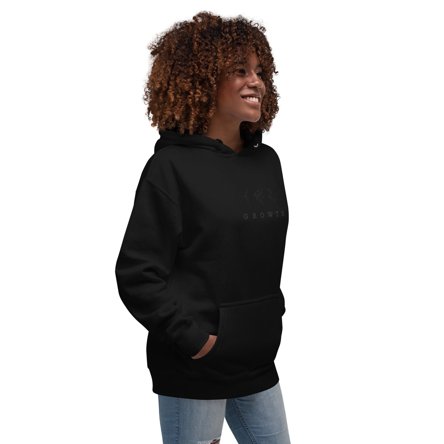 Image 8 of Navy Blazer Growthline Hoodie - Left Placement, size XL, with Growth artwork visible in front view, right-side angle.