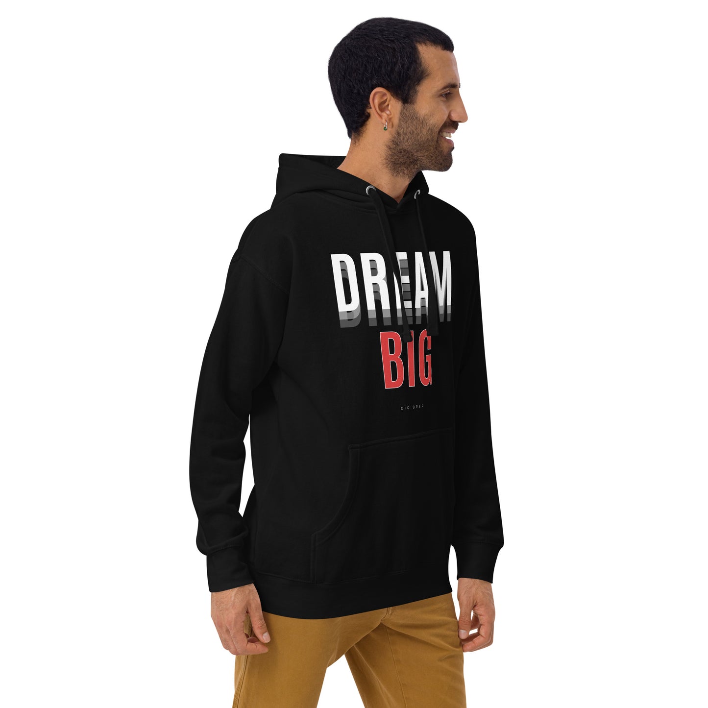 Skyline Dream Hoodie - Left Placement image 4: Black version, size XL with front view, right-side angle of the Dream Big range.