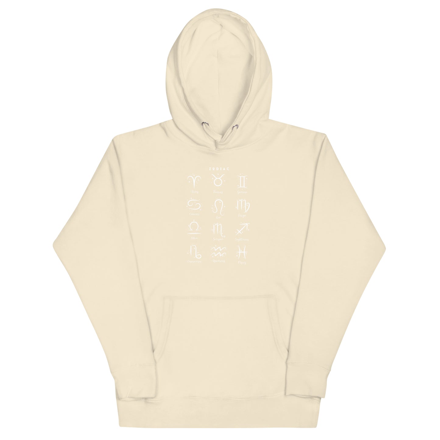 Astral Circle Hoodie - Left Placement image 27: Vintage Black version, size L with front view of the Zodiac range.