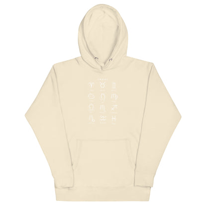 Astral Circle Hoodie - Left Placement image 27: Vintage Black version, size L with front view of the Zodiac range.