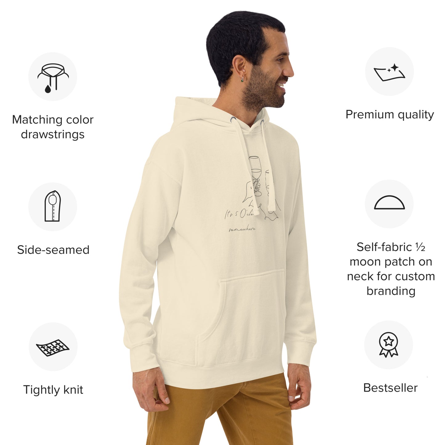 After Five Hoodie - Left Placement image 19 in selected colour, showing front view, right-side angle for the 5 O'Clock design.