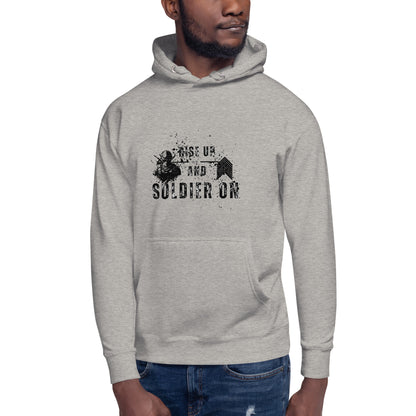 Image 3 of Navy Blazer Fortitude Hoodie - Left Placement, size L, with Soldier On artwork visible in front view.