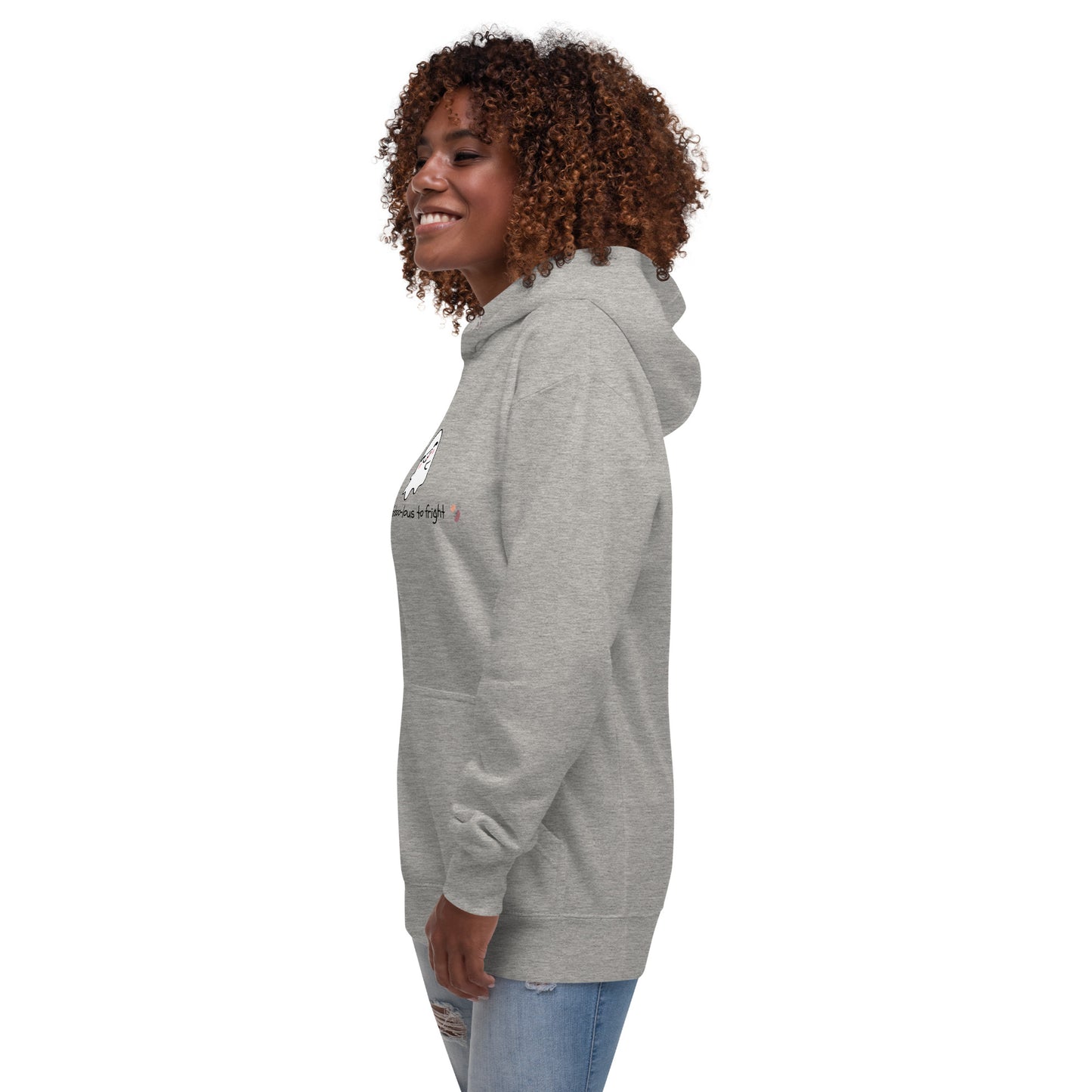 Image 7 of Charcoal Heather Boo Luxe Hoodie - Left Placement, size M, with Fa Boo Lous artwork visible in front view, left-side angle.