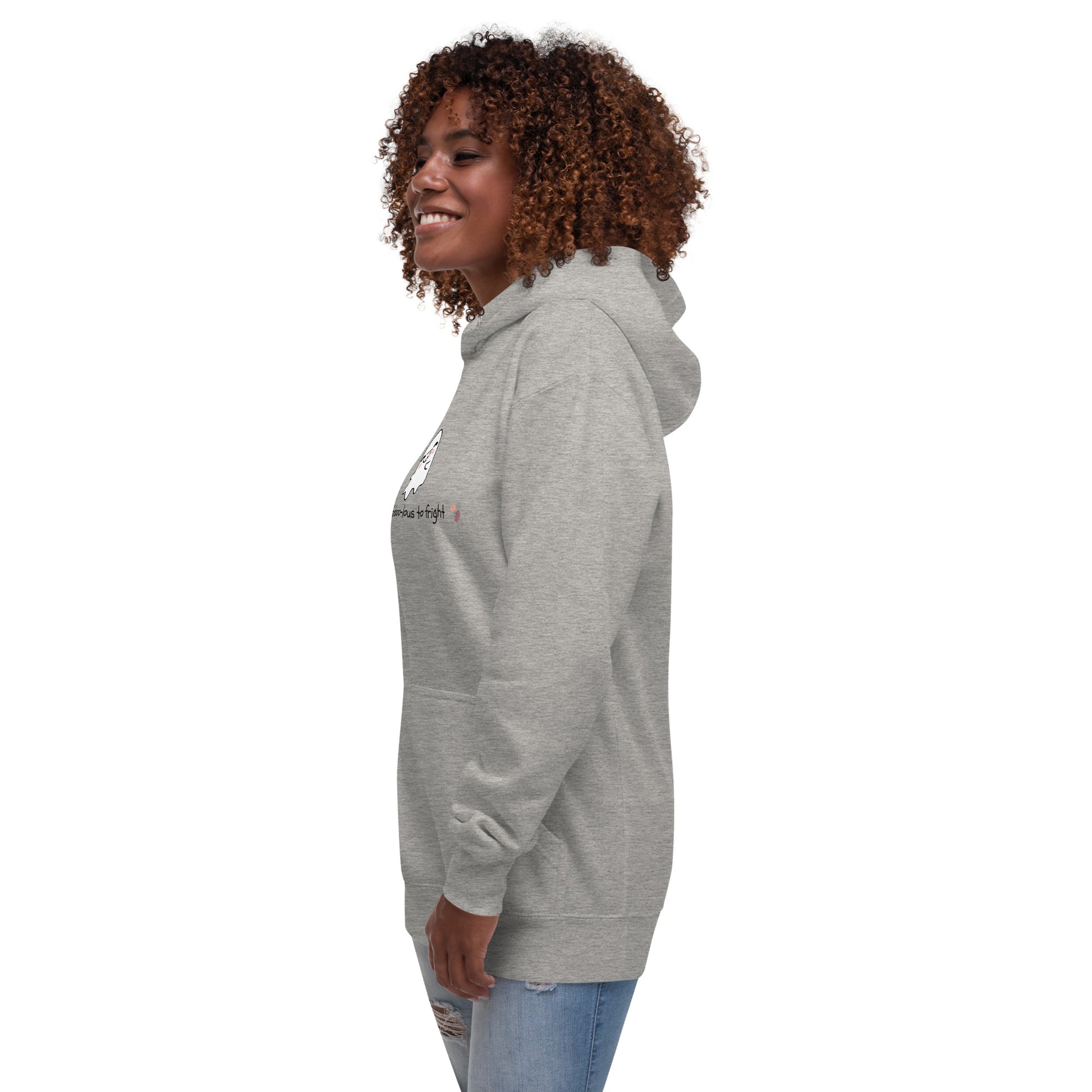 Image 7 of Charcoal Heather Boo Luxe Hoodie - Left Placement, size M, with Fa Boo Lous artwork visible in front view, left-side angle.