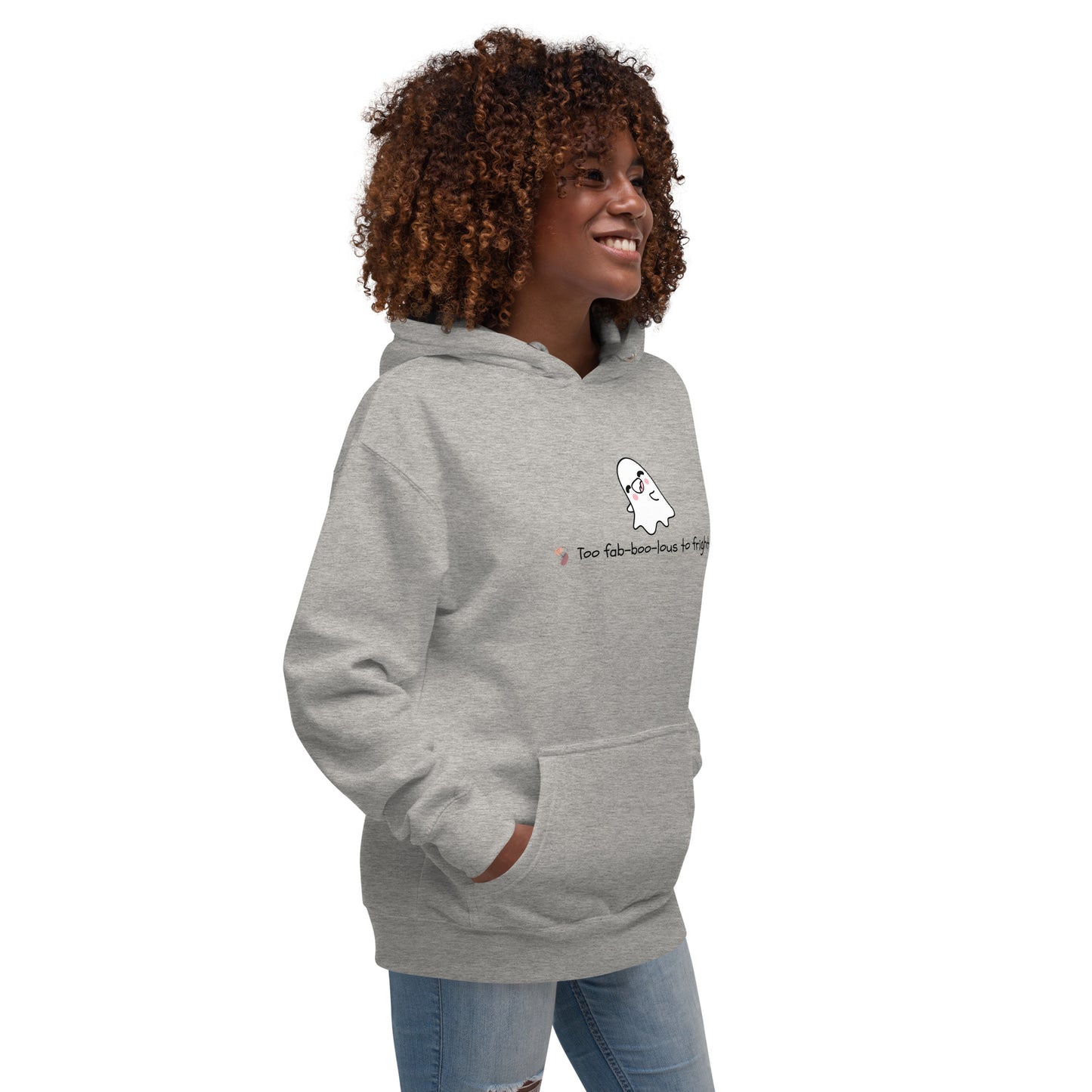 Boo Luxe Hoodie - Left Placement by R.A. Apparel, image 8, front view, right-side angle, Charcoal Heather, size L, left placement.