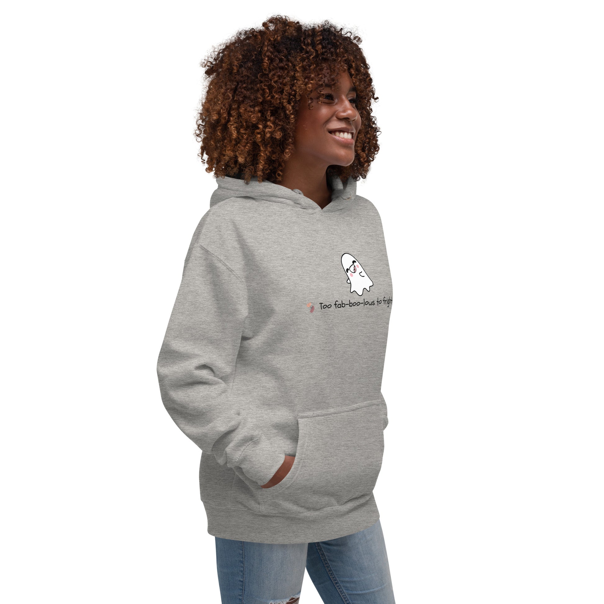 Boo Luxe Hoodie - Left Placement by R.A. Apparel, image 8, front view, right-side angle, Charcoal Heather, size L, left placement.