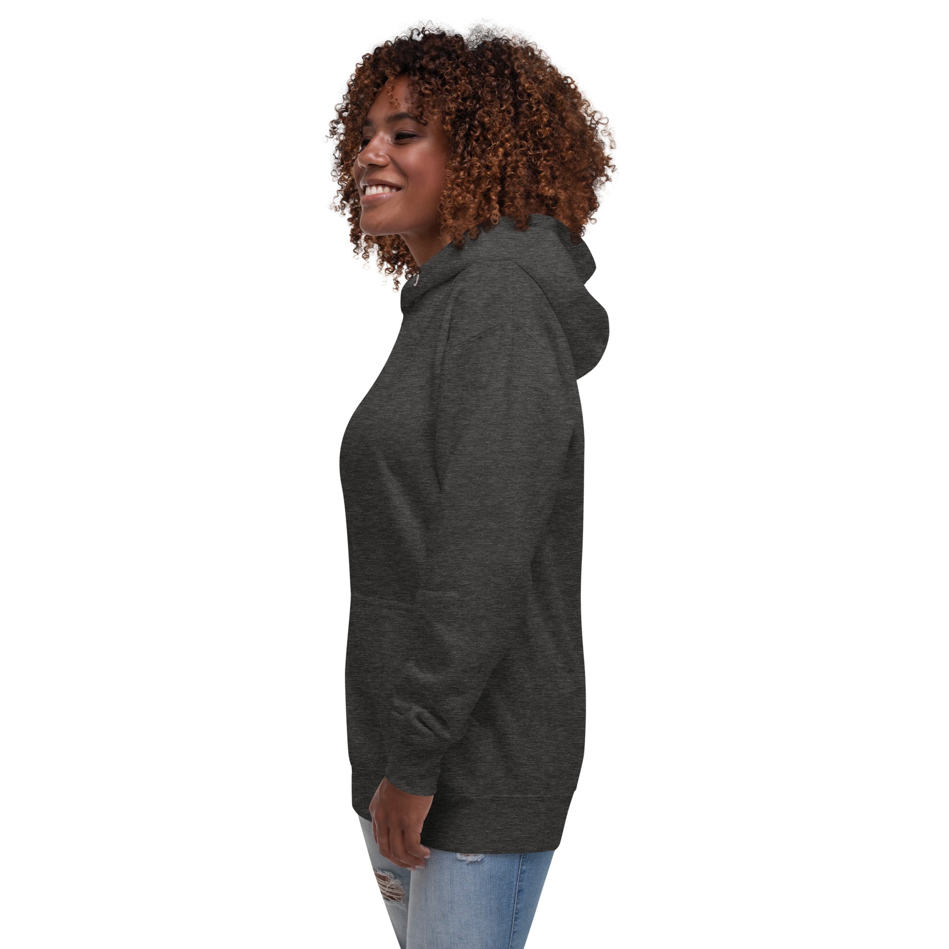 Growthline Hoodie - Left Placement image 15: Charcoal Heather version, size L with front view, left-side angle of the Growth range.