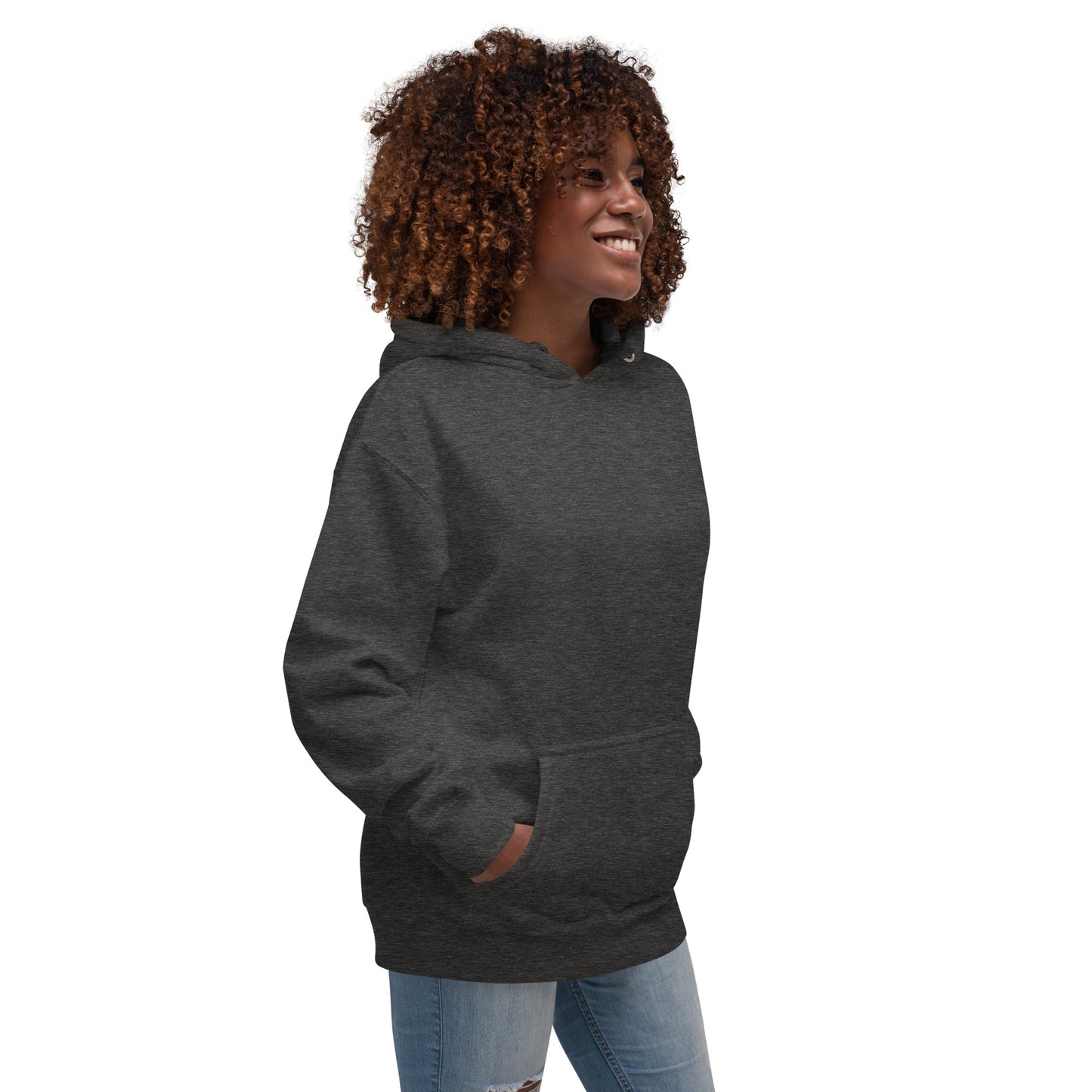 Growthline Hoodie - Left Placement product image 16 in Charcoal Heather, size XL, with front view, right-side angle and left placement.