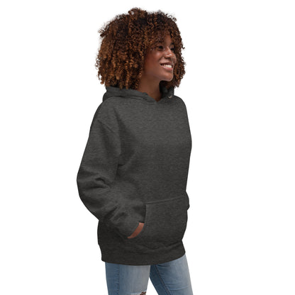 Growthline Hoodie - Left Placement product image 16 in Charcoal Heather, size XL, with front view, right-side angle and left placement.
