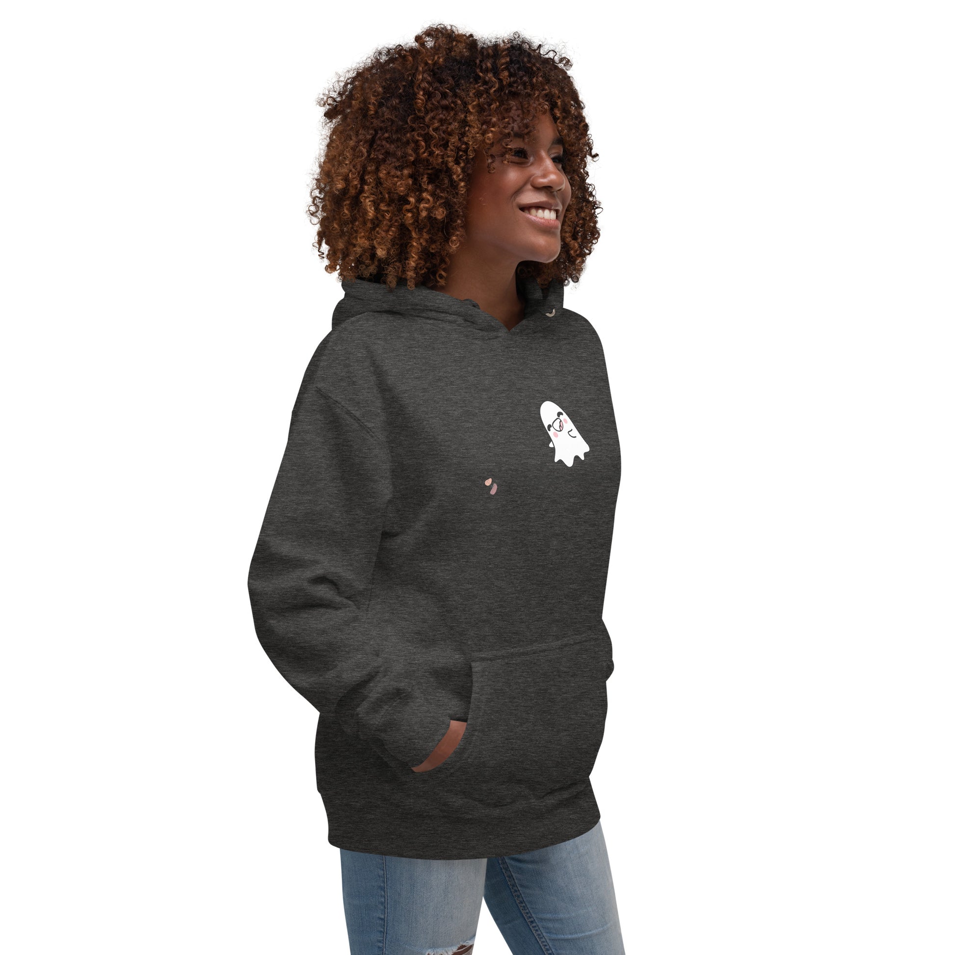 Boo Luxe Hoodie - Left Placement product image 12 in Vintage Black, size M, with front view, right-side angle and left placement.