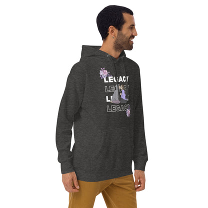 Image 12 of Maroon Heirloom Hoodie - Left Placement, size XL, with Legacy artwork visible in front view, right-side angle.