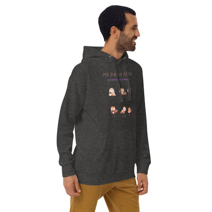 Mood Diary Hoodie - Left Placement by R.A. Apparel, image 16, front view, right-side angle, Charcoal Heather, size XL, left placement.