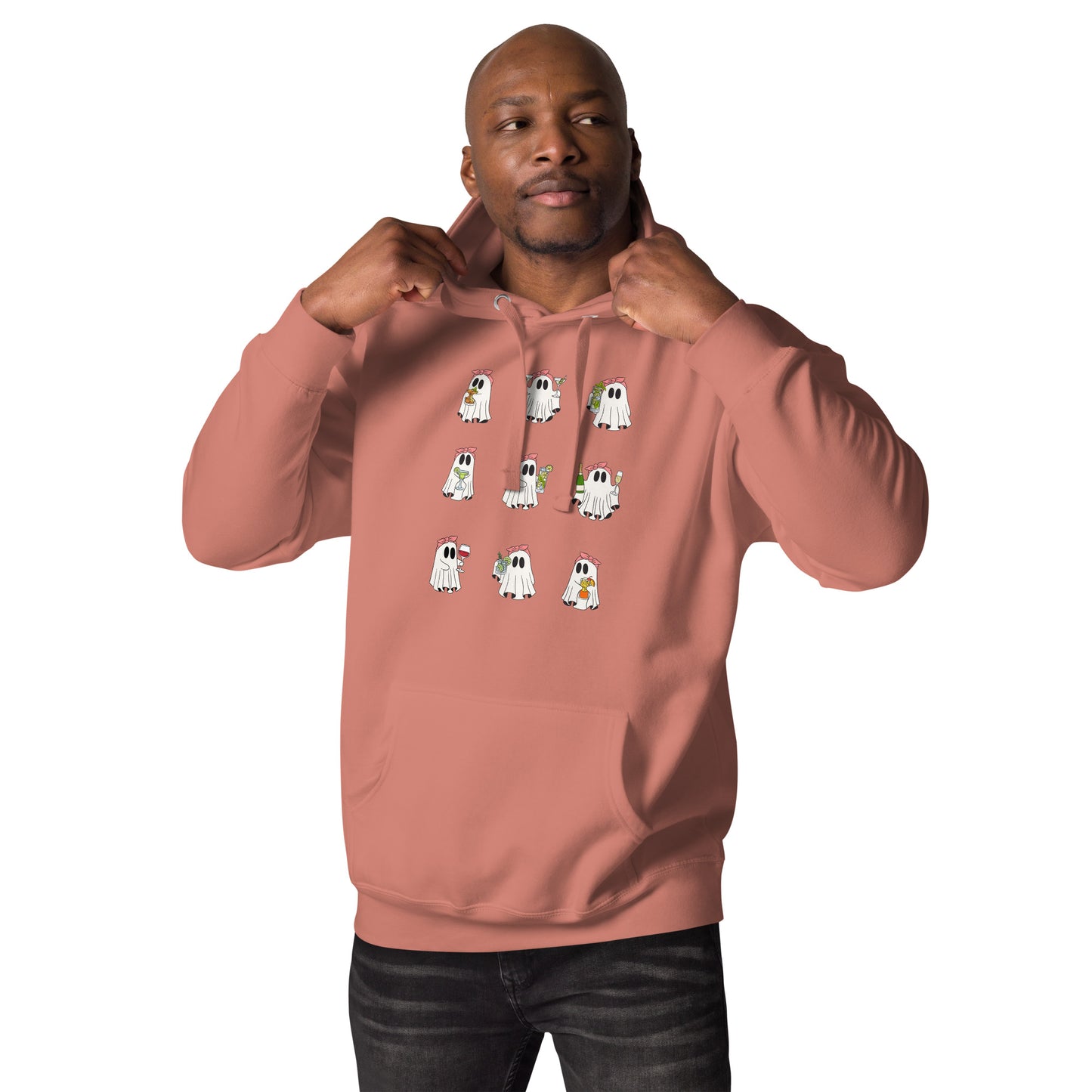 Little Haunts Hoodie - Left Placement image 13: Charcoal Heather version, size S with front view of the Ghosties 1 range.