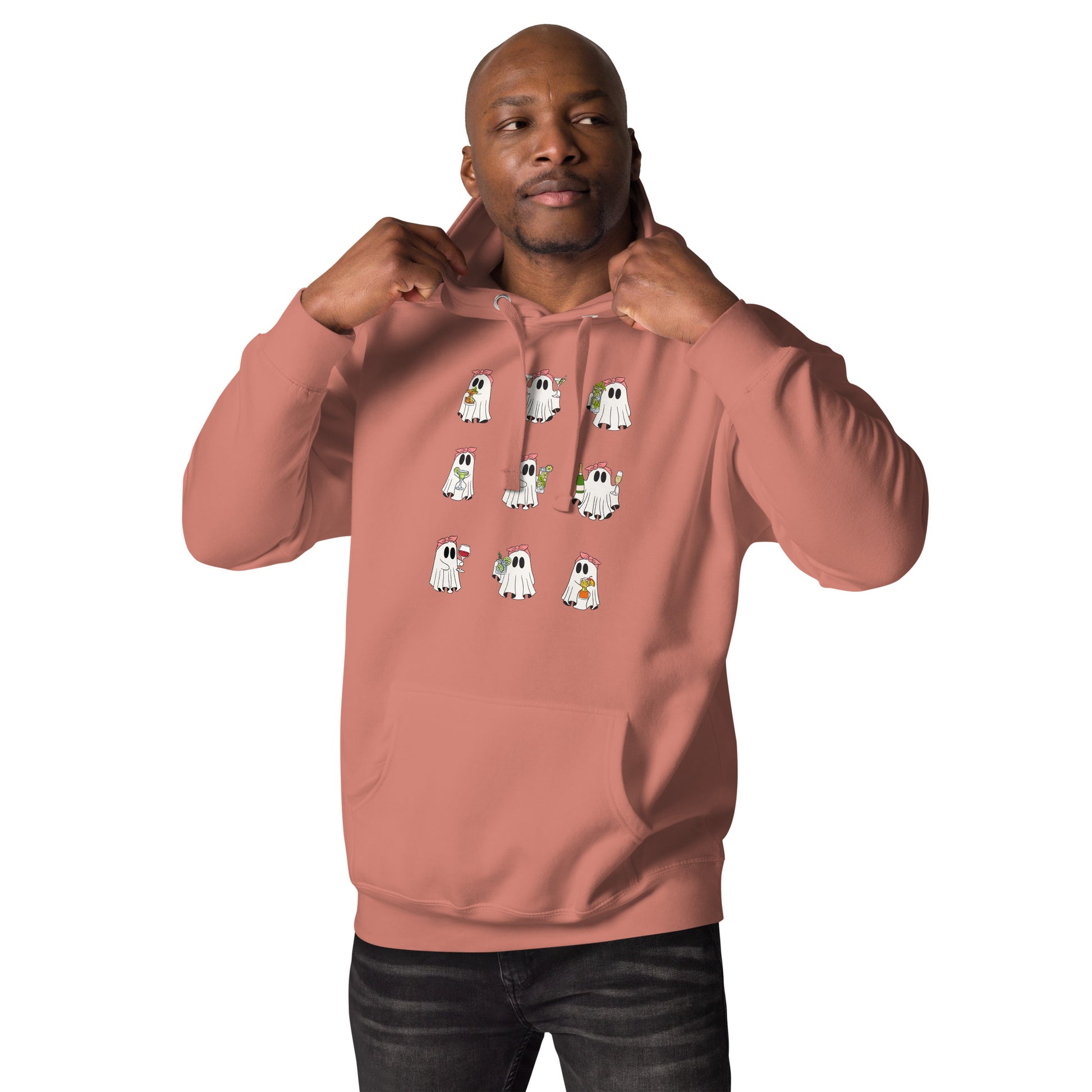 Little Haunts Hoodie - Left Placement image 13: Charcoal Heather version, size S with front view of the Ghosties 1 range.