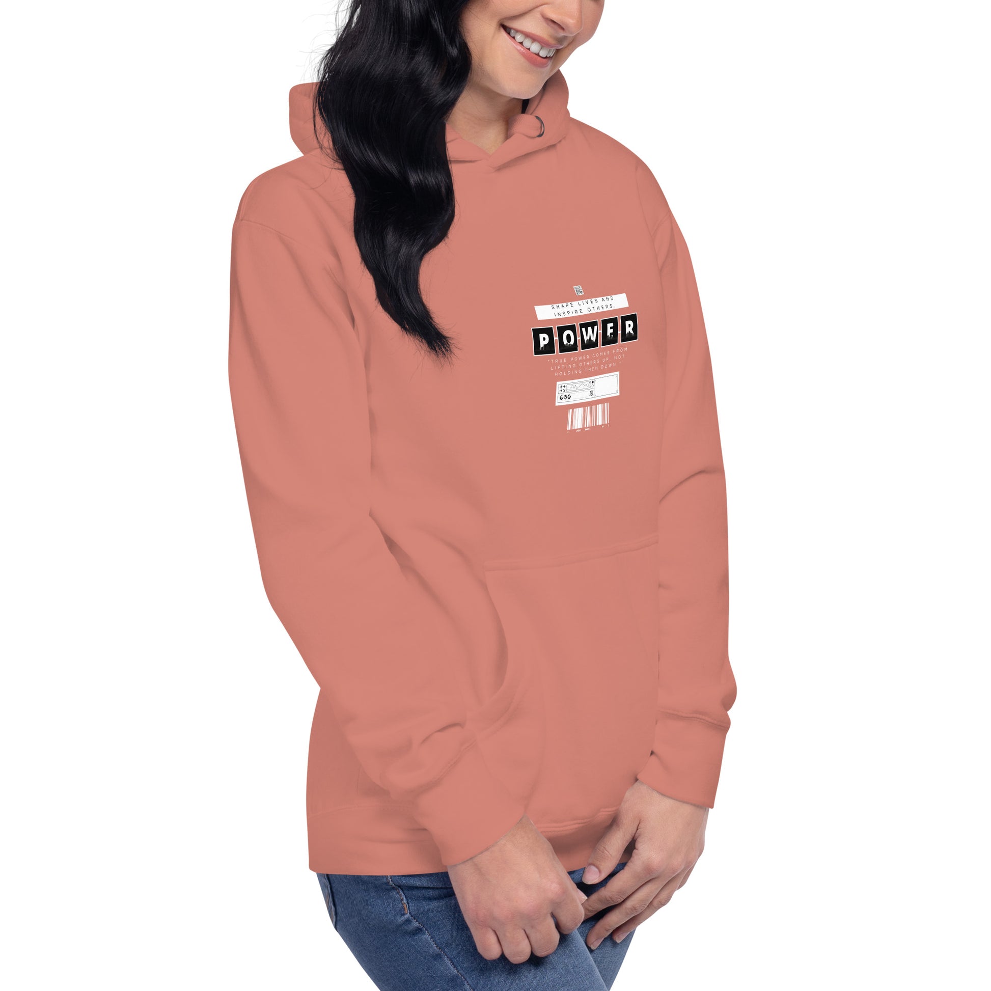 Image 50 of Military Green Impact Form Hoodie - Left Placement, size M, with Shape Lives artwork visible in front view, right-side angle.
