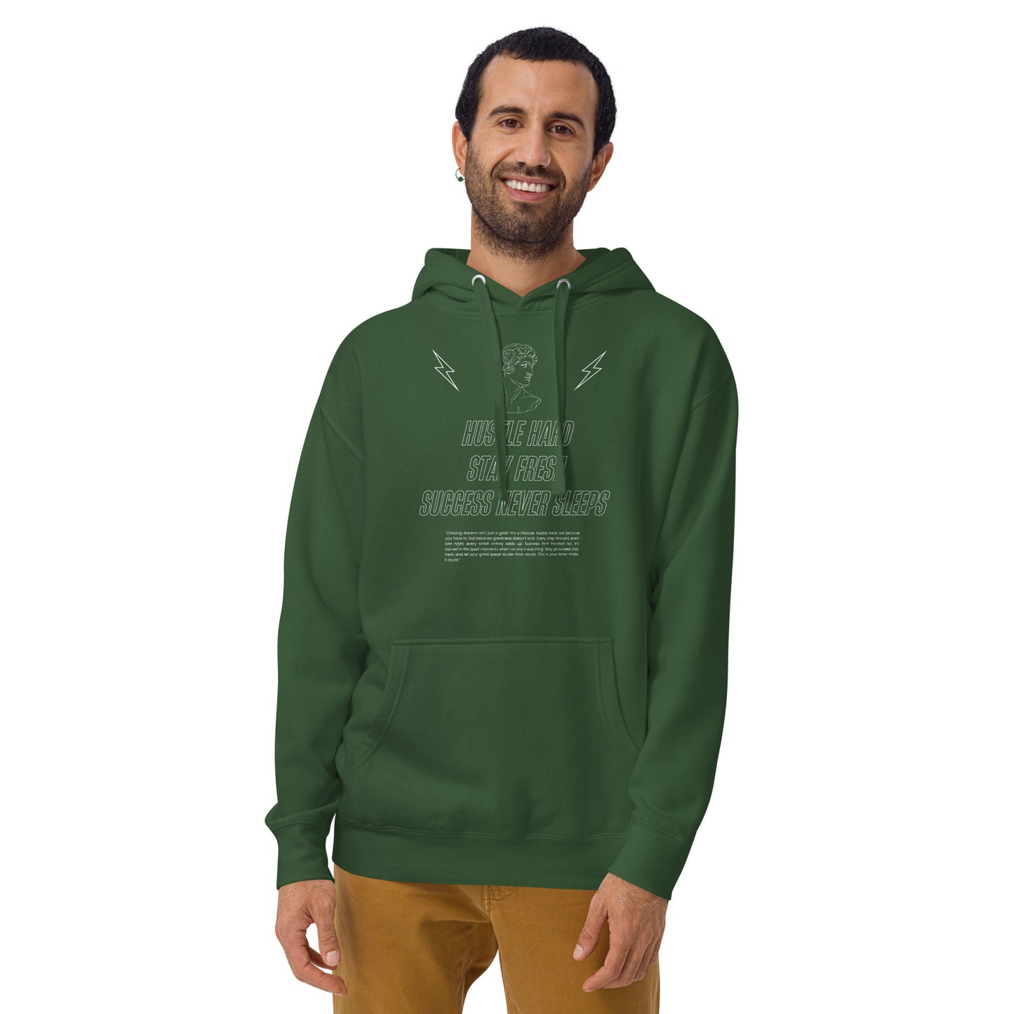 Image 21 of Charcoal Heather Workrate Hoodie - Left Placement, size L, with Hustle Hard artwork visible in front view.