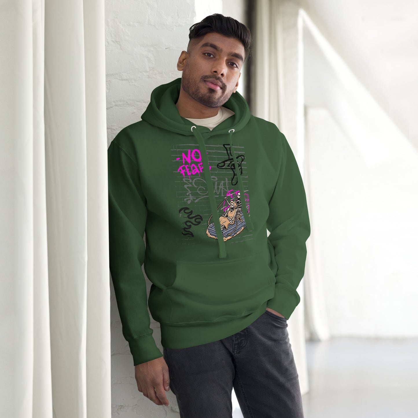 Fearless Hoodie - Left Placement image 23: Vintage Black version, size L with front view of the No Fear range.
