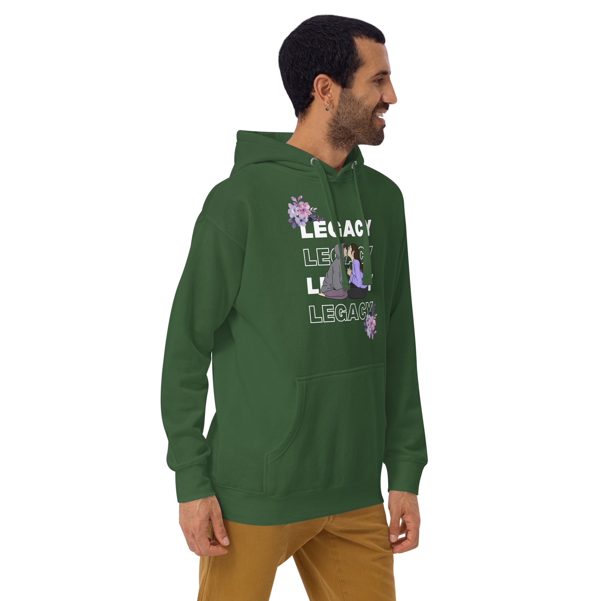 Heirloom Hoodie - Left Placement product image 33 in Military Green, size S, with front view, right-side angle and left placement.